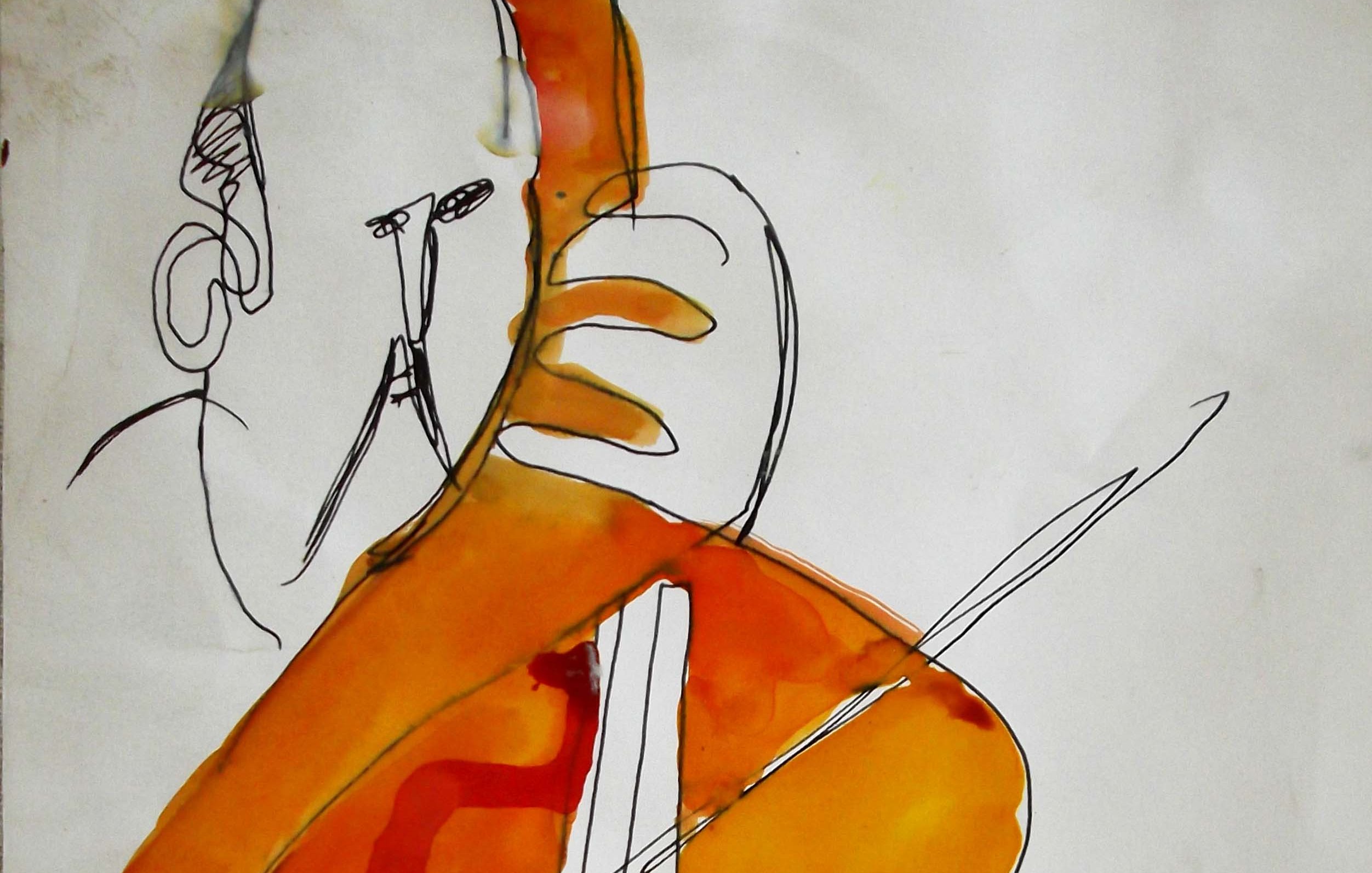L'image représente une esquisse artistique d'un musicien, probablement un violoniste, avec des lignes fluides et des formes abstraites. Les couleurs orange et jaune dominent, créant une atmosphère dynamique et chaleureuse. La silhouette du personnage est stylisée, mettant l'accent sur l'instrument et le geste de jouer. Les traits sont minimalistes, mais transmettent une forte expressivité. Cela semble capturer à la fois la passion de la musique et l'énergie de la performance.