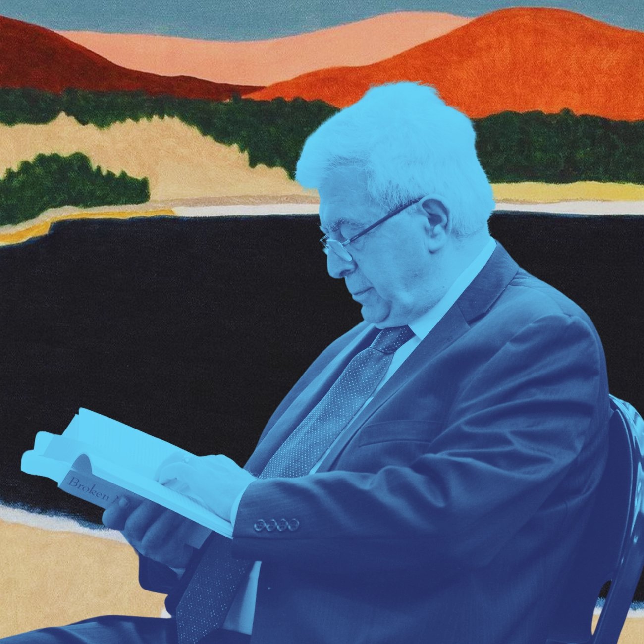 L'image présente un homme assis, plongé dans la lecture d'un livre. Il est habillé de manière formelle, portant un costume et une cravate. L'arrière-plan est artistique, mettant en valeur un paysage stylisé avec des collines colorées et un ciel abstrait. Les teintes de l'image ont été modifiées pour donner un effet de teinte bleue sur l'homme et le livre, créant un contraste avec les couleurs chaudes de l'arrière-plan.