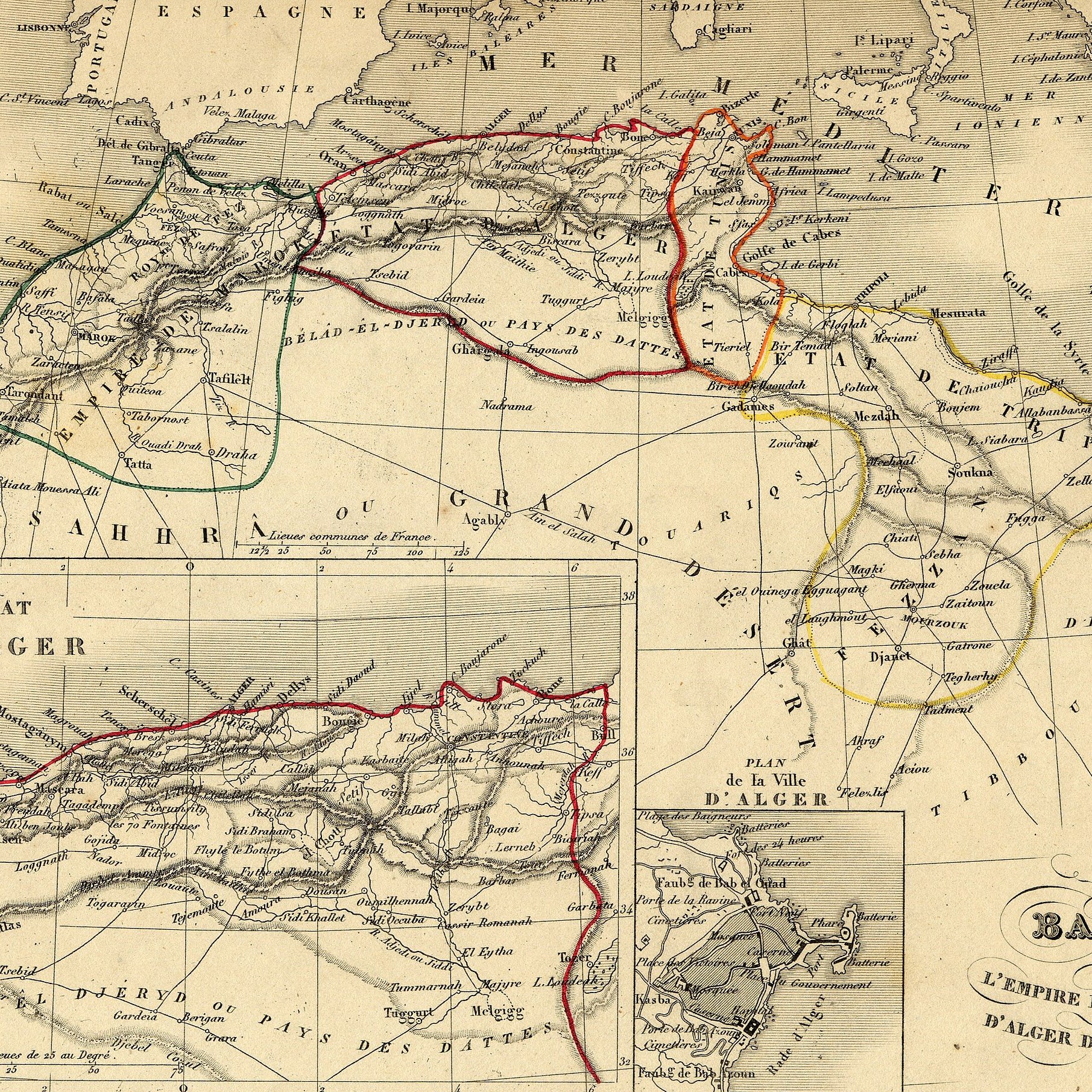 This image is an old map titled "Carte de Barbarie" that depicts the region of North Africa, specifically parts of Morocco, Algeria, and Tunisia. The map includes various geographical features such as mountains, rivers, and coastlines, marked with colors to differentiate borders and notable areas. In the lower inset, there's a more detailed view of the state of Algeria. The overall design reflects the cartography style of the time, featuring labels in French and artistic embellishments. The map provides historical insight into the territorial layout of the region during that period.