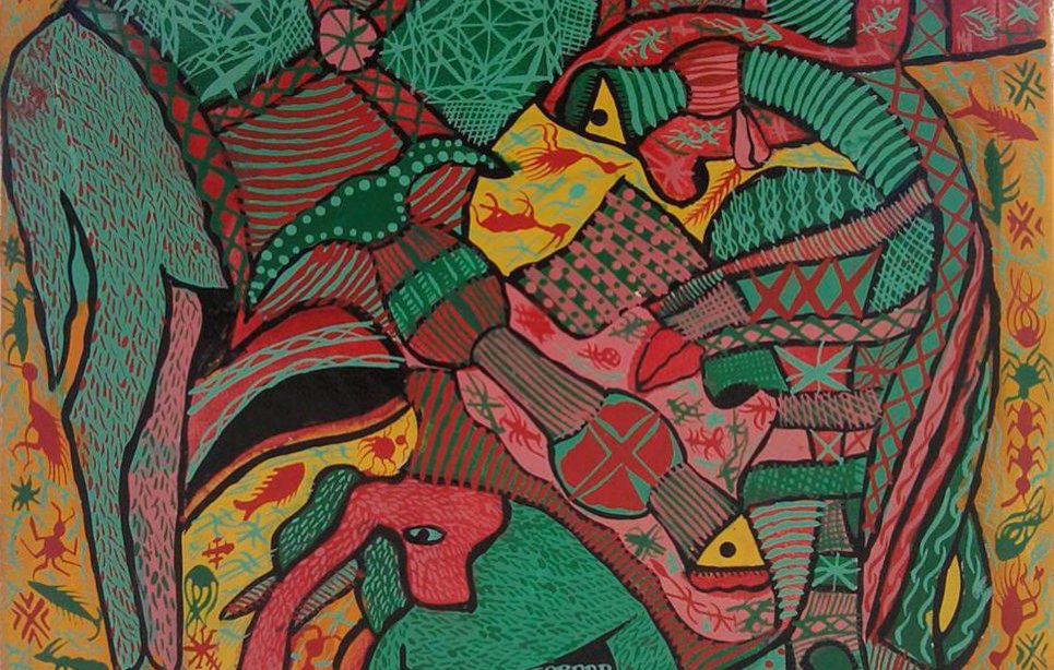 L'image représente une œuvre d'art abstraite et colorée, où plusieurs formes animales et motifs géométriques se mêlent. On peut distinguer des silhouettes d'animaux, comme un éléphant et des chevaux, entourées de motifs vibrants en rouge, vert et orange. Les détails sont riches, avec des traits sinueux et des motifs répétitifs, créant une composition dynamique et captivante. L'ensemble dégage une ambiance ludique et énergique, typique de l'art contemporain.