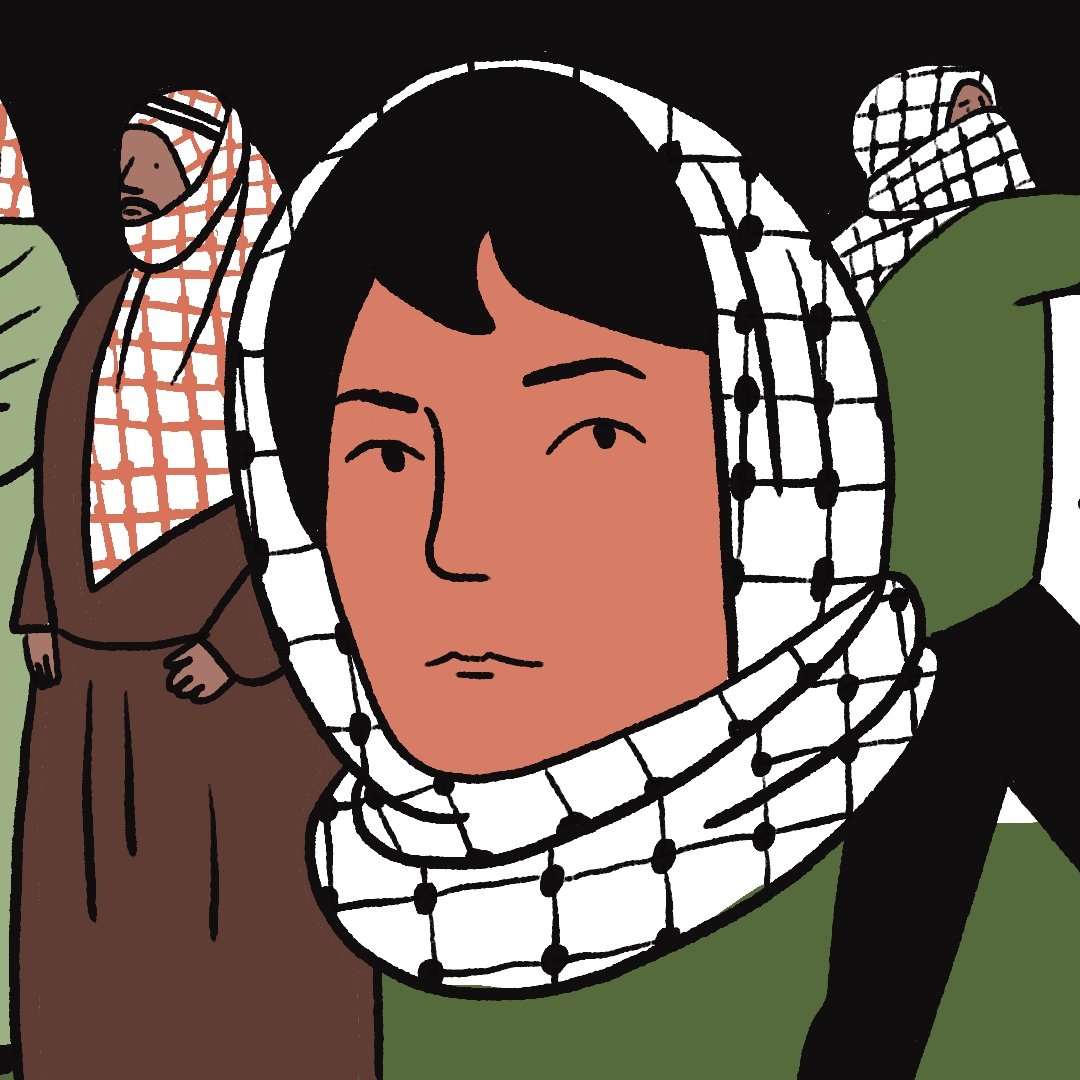 L'image montre une scène stylisée avec plusieurs personnages. Au centre, il y a un visage qui semble réfléchir, entouré d'un foulard à motif typique. À gauche et à droite, des figures humaines sont représentées, certaines portant également des foulards. L'arrière-plan est coloré avec des blocs de couleur contrastés, créant une ambiance dynamique. Les personnages semblent engagés dans des actions diverses, ce qui peut évoquer des thèmes de résistance ou de lutte.