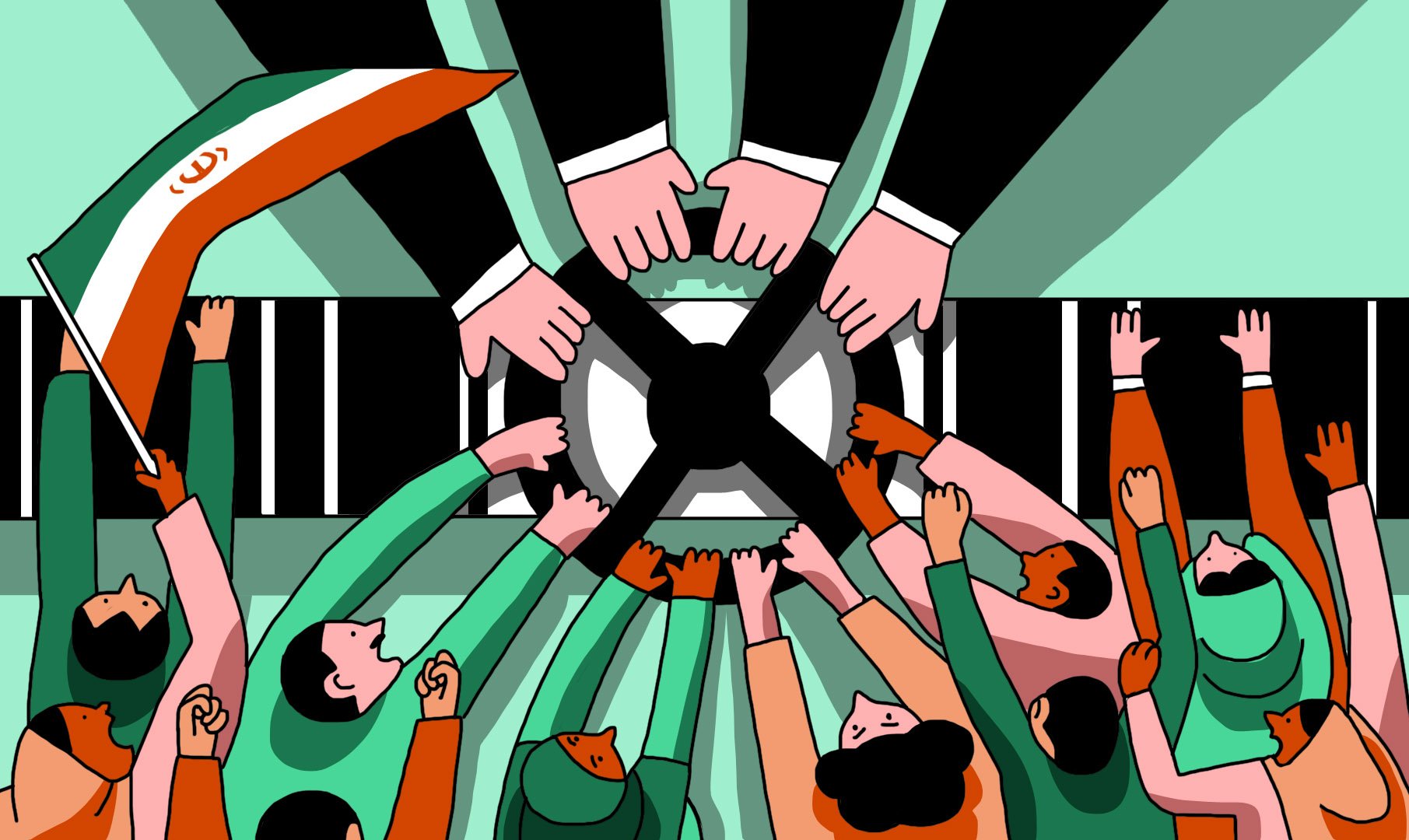 L'image montre une scène dynamique avec des mains qui se rejoignent au centre, symbolisant une unité ou un rassemblement. On peut voir des personnes de différentes tenues, certaines portant des voiles, et d'autres faisant le geste de lever les bras. En arrière-plan, il y a un drapeau avec un symbole iranien. Les couleurs sont vives et variées, créant une atmosphère énergique et engagée. Cette composition évoque des thèmes de solidarité et de mobilisation.