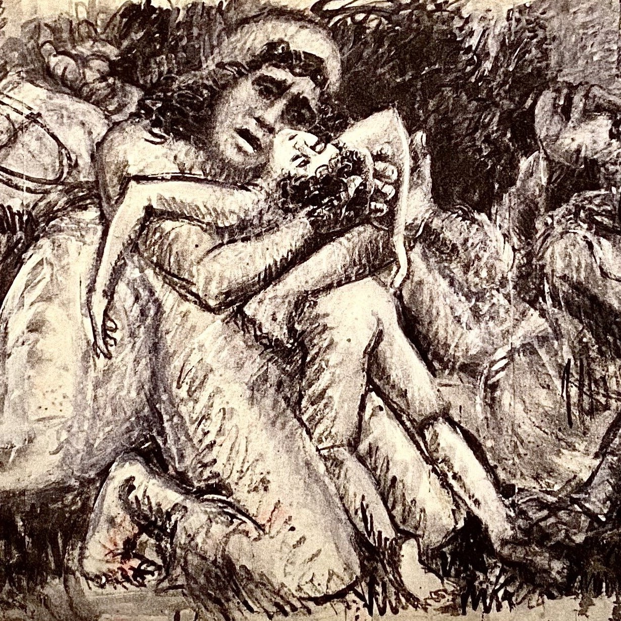 L'image présente une scène profondément expressive et émotive, où plusieurs figures humaines sont représentées dans des poses désespérées. Les personnages semblent en détresse, certains se tenant les uns les autres, tandis que d'autres sont recroquevillés dans des attitudes de douleur ou de vulnérabilité. Les traits sont marqués par l'angoisse, et l'utilisation des ombres et des lignes dynamiques accentue l'intensité émotionnelle de la composition. Les couleurs sombres dominent, créant une atmosphère lourde, presque tragique. Cette œuvre invite à réfléchir sur des thèmes difficiles, tels que la souffrance et la lutte.