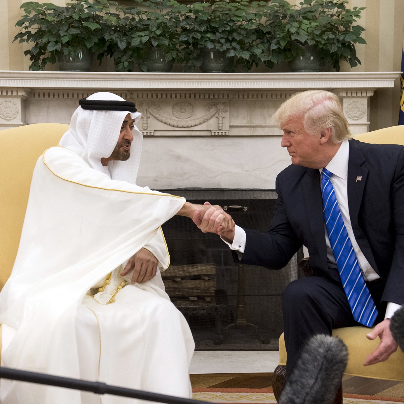 تظهر الصورة اجتماعاً بين رجلين يجلسان في غرفة تحتوي على تفاصيل فاخرة. الشخص في الجهة اليمنى يرتدي بدلة زرقاء مع ربطة عنق، بينما الشخص في الجهة اليسرى يرتدي الزي التقليدي الإماراتي. كلاهما يتصافح في لحظة ودية تعبر عن التعاون أو التفاهم. خلفهم توجد نباتات وزينة تتناسب مع أجواء الغرفة الرسمية.