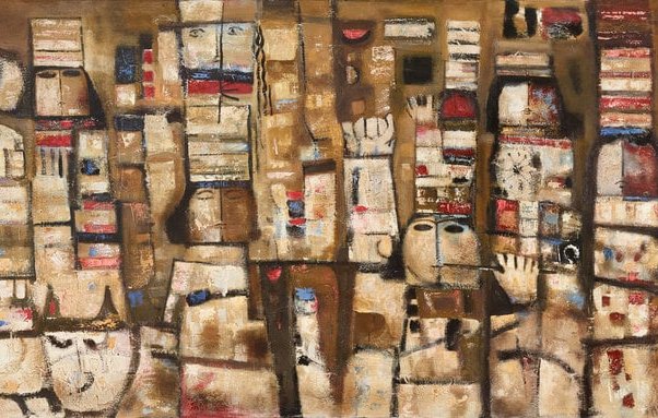 Opera astratta con forme geometriche e colori caldi, che evoca paesaggi e figure.