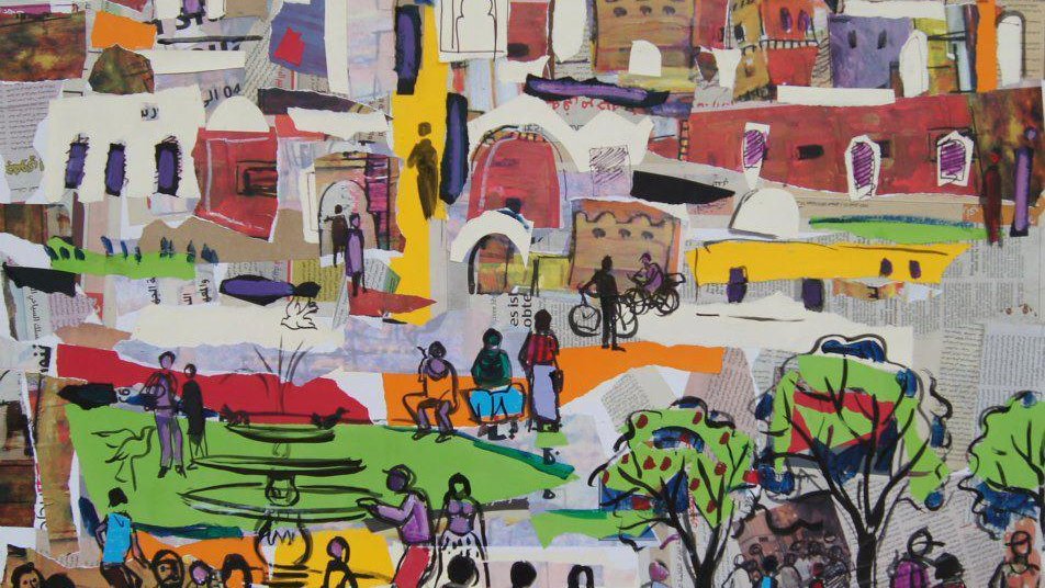 L'image représente une scène animée et colorée d'une ville ou d'un village. On y voit diverses personnes interagissant dans un espace public, entourées de bâtiments aux formes et couleurs variées. Des personnages sont assis, d'autres marchent ou discutent, créant une atmosphère vivante. Des arbres et des espaces verts sont également présents, ajoutant une touche de nature à ce paysage urbain. La composition est riche en détails, avec des motifs graphiques et des éléments folkloriques qui renforcent l'aspect culturel de la scène.