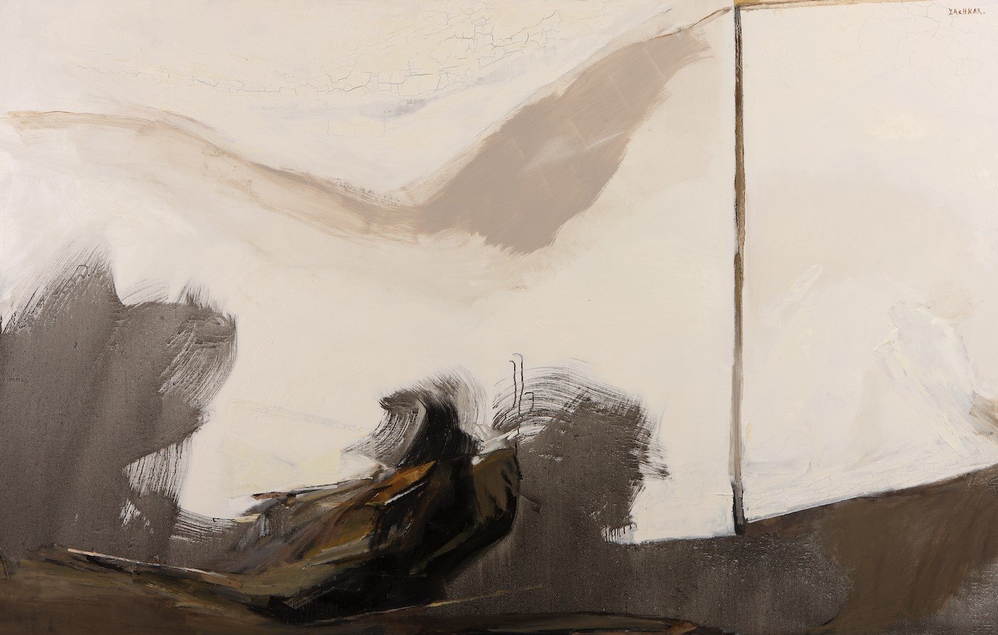 L'image semble être une œuvre abstraite avec des nuances de gris, de beige et de blanc. On peut distinguer des coups de pinceau larges et expressifs qui créent une sensation de mouvement. Les formes semblent suggérer des éléments de paysage, mais l'interprétation reste ouverte. La composition utilise des contrastes de couleurs et de textures, évitant les détails réalistes, ce qui permet au spectateur d'explorer son propre ressenti face à cette abstraction.