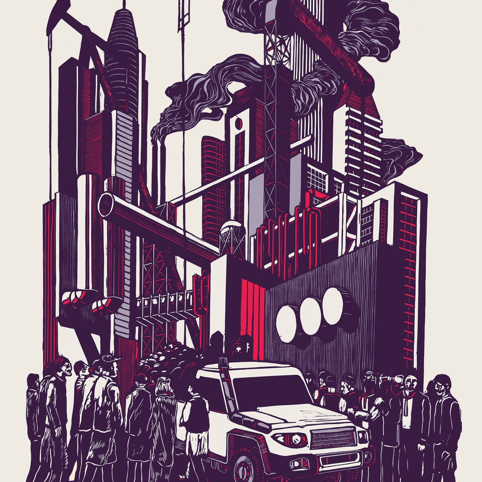 L'image présente une scène urbaine avec une architecture moderne, où des buildings imposants se mélangent à des installations industrielles. On peut voir des foreuses à pétrole et des cheminées dégageant de la fumée, suggérant une forte activité industrielle. Au premier plan, un groupe de personnes semble observer la scène, entouré de véhicules tout-terrain. Les couleurs dominantes sont des teintes sombres et rougeâtres, renforçant une atmosphère à la fois dynamique et un peu pesante. L'ensemble illustre une interaction entre la ville, l'industrialisation et les personnes qui évoluent dans cet environnement.