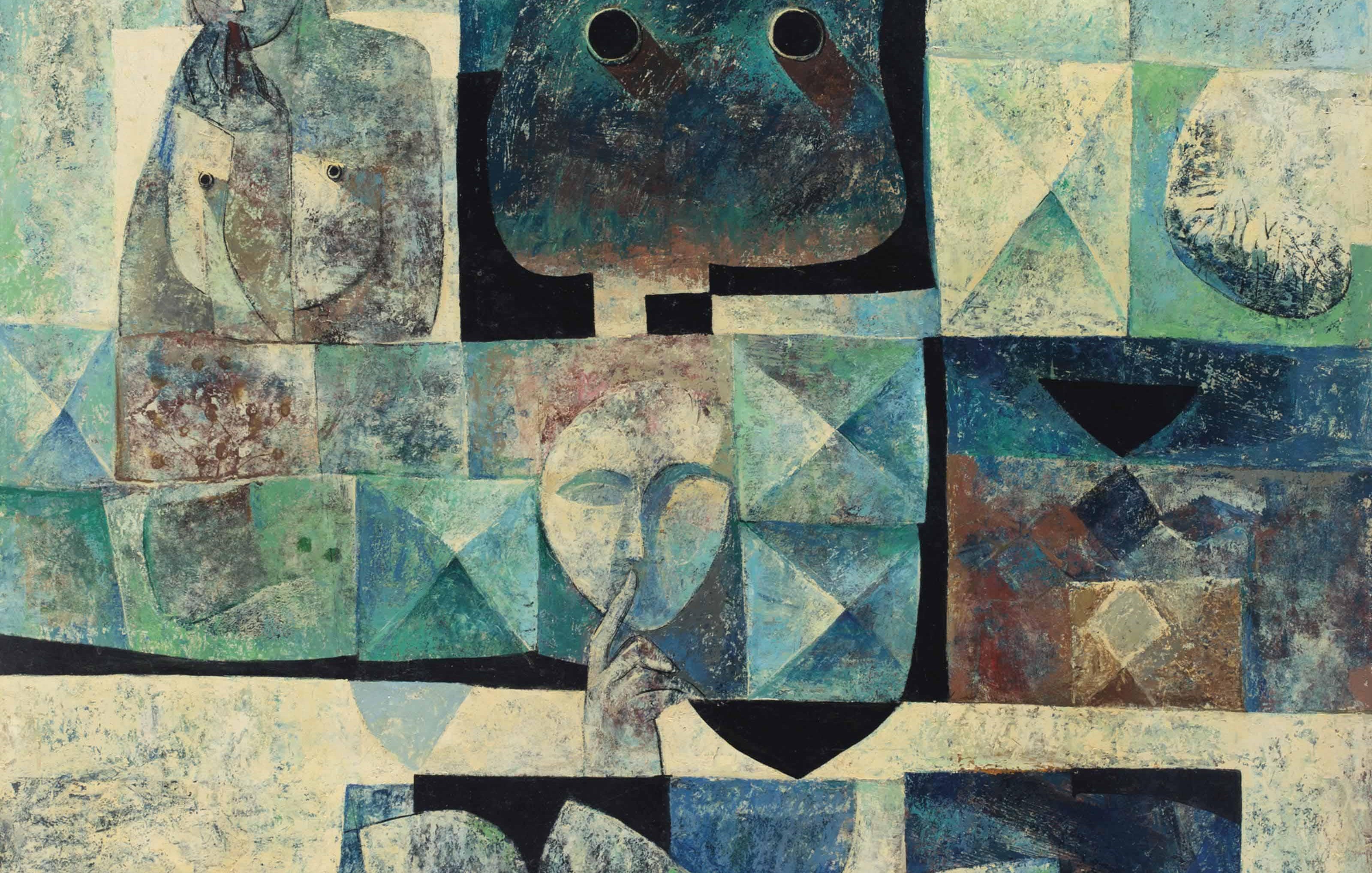 L'image présente une œuvre abstraite composée de formes géométriques et de silhouettes stylisées. Les couleurs dominantes incluent des nuances de bleu, de vert et de crème, créant un contraste intéressant. Les figures humaines semblent se mêler aux formes géométriques, suggérant des expressions de mystère ou d'introspection. L'utilisation de la texture et des motifs ajoute une profondeur visuelle, invitant le spectateur à explorer les détails de cette composition. Globalement, l'œuvre évoque des thèmes de communication, de silence et de contemplation.