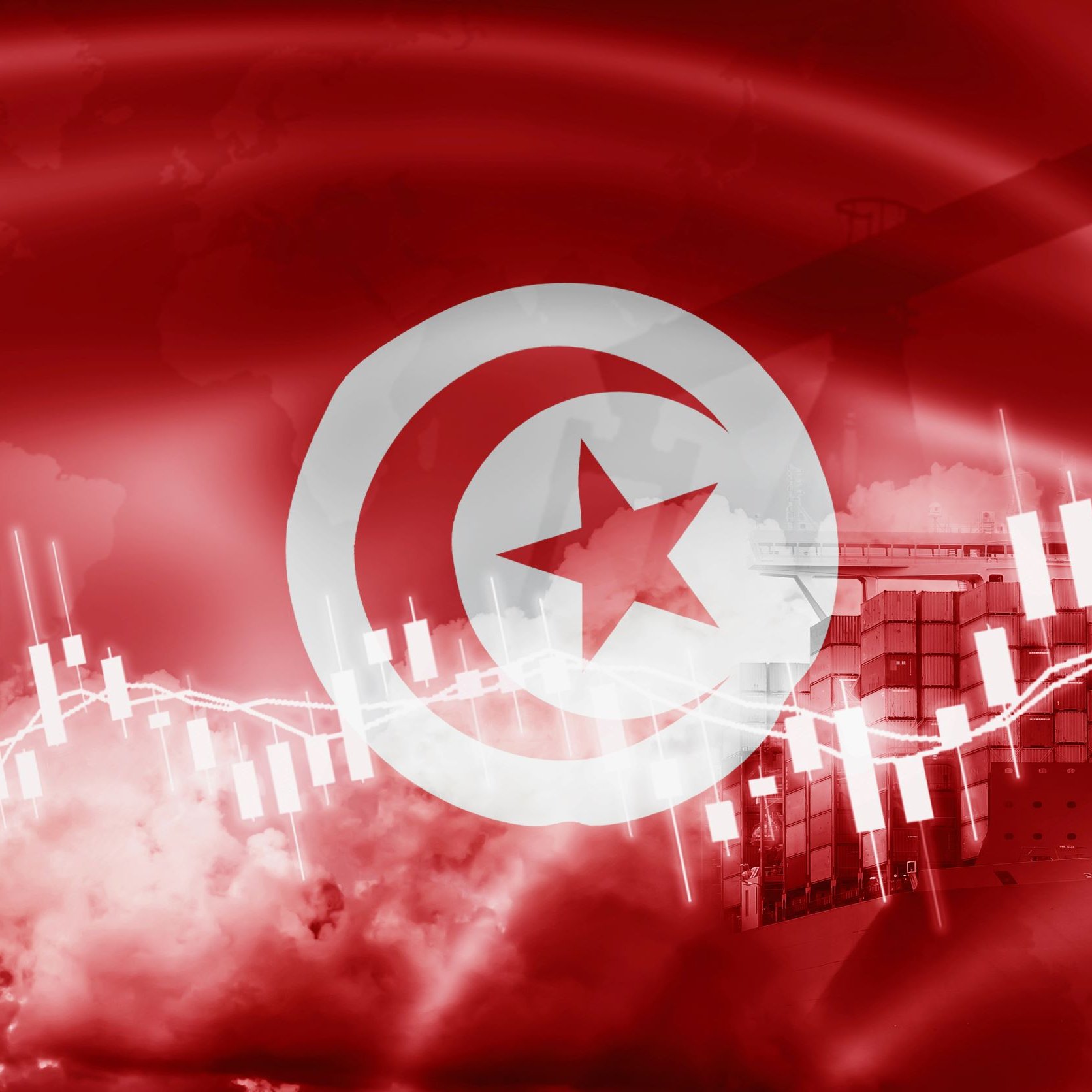 L'image présente un fond rouge, principalement dominé par le drapeau de la Tunisie, qui comporte un cercle blanc avec une étoile et un croissant rouges. En arrière-plan, on peut apercevoir des éléments graphiques représentant des graphiques financiers, des barres de données et probablement des références à l'industrie pétrolière, suggérant un lien avec l'économie ou le commerce. Les nuances de rouge et les graphismes évoquent une ambiance dynamique et énergique.