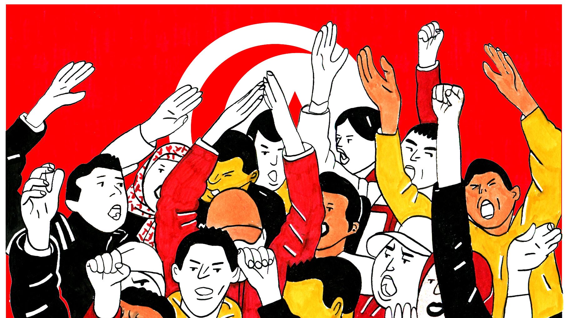 L'image montre un groupe de personnes levant les bras et exprimant des émotions fortes, probablement dans un contexte de manifestation ou de rassemblement. Le fond est orné d'un grand drapeau rouge avec un symbole caractéristique. Les visages sont expressifs, illustrant la passion et l'engagement des participants. On peut observer une diversité dans les vêtements et les expressions, reflétant un sentiment collectif et une volonté d'unité.