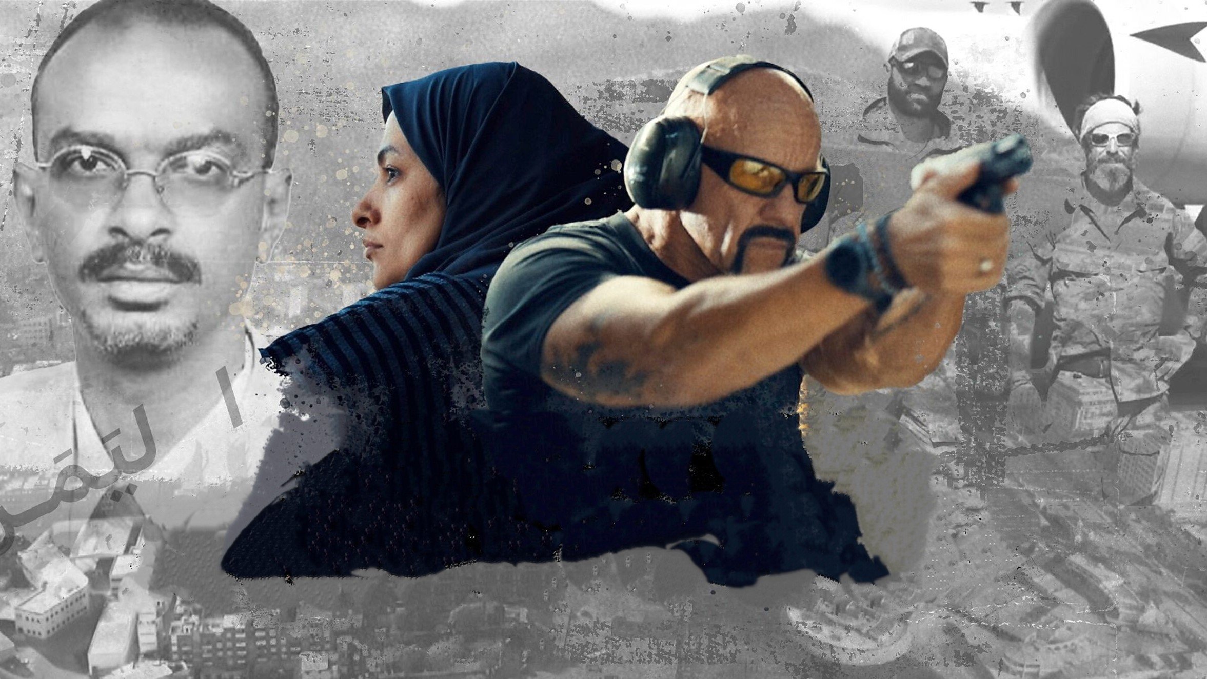 این تصویر به نظر می‌رسد ترکیبی از عناصر مختلف است که شامل صحنه‌های اکشن و شخصیت‌ها می‌شود. در قسمت جلو یک مرد با عینک آفتابی و هدفون، در حال هدف‌گیری با سلاح است. در پس‌زمینه، تصاویری از افراد دیگر و یک زن با پوشش اسلامی دیده می‌شود. همچنین، اضلاع تصویر شامل تصاویری مبهم از صحنه‌های شهری و عناصر جنگی است که به جو تنش‌زا و هیجان‌انگیزی اشاره دارد. ترکیب رنگ‌ها و طراحی گرافیکی هم به شدت به نمایش این تم کمک می‌کند.