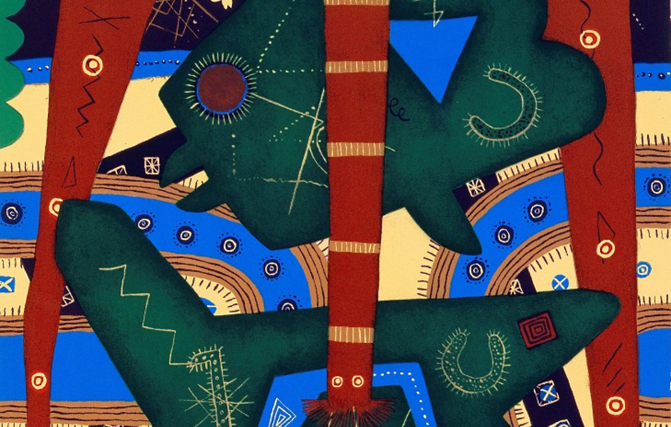 L'image représente une composition abstraite avec des formes organiques, notamment une grande silhouette verte ressemblant à un animal, entourée de motifs géométriques et de couleurs vives comme le bleu et le marron. Des lignes et des symboles graphiques ajoutent à la complexité de l'œuvre.