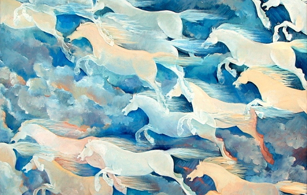 Des chevaux blancs galopent à travers un ciel bleu, créant un mouvement dynamique.