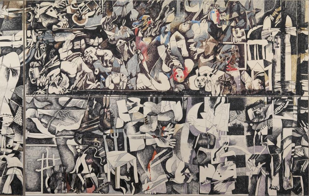 Cette image représente une œuvre d'art de style cubiste, probablement très riche en détails et en émotions. On peut y voir une composition complexe, mêlant des formes abstraites et des figures humaines. La palette de couleurs semble dominée par des tons monochromes, agrémentés de touches de rouge ou d'autres couleurs vives, créant un contraste saisissant. Les formes sont géométriques et fragmentées, suggérant un mouvement dynamique et une multitude d'interactions entre les personnages. L'ensemble dégage une atmosphère à la fois chaotique et expressive, invitant à une interprétation personnelle.