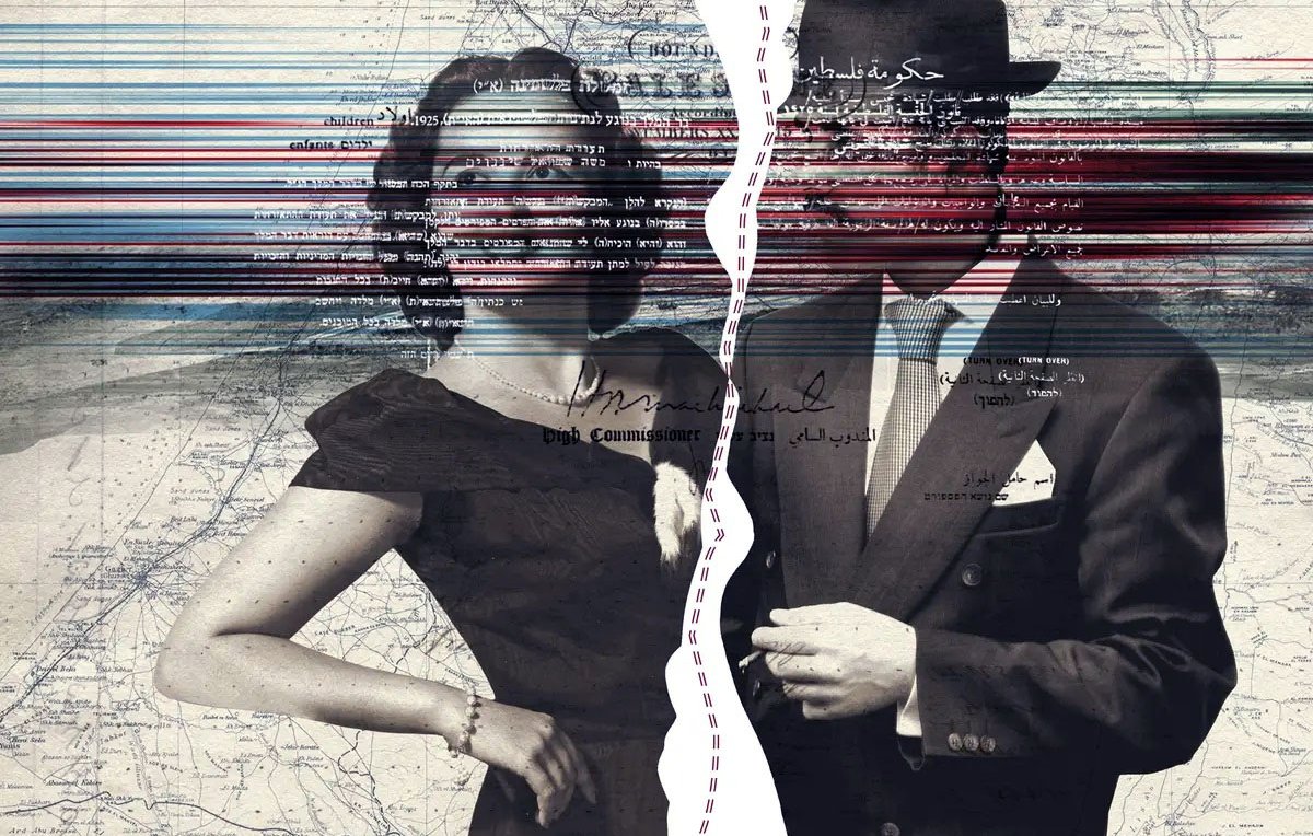 L'image présente un collage artistique, où deux figures humaines, une femme et un homme, sont opposées. La femme est vêtue d'une robe noire élégante, tandis que l'homme porte un costume et un chapeau. En arrière-plan, une carte, probablement de la Palestine, est visible, avec des lignes et des motifs superposés en rouge et bleu. Une déchirure centrale sépare les deux personnages, ajoutant un effet visuel intéressant et symbolique. L'ensemble évoque des thèmes de division et d'identité.