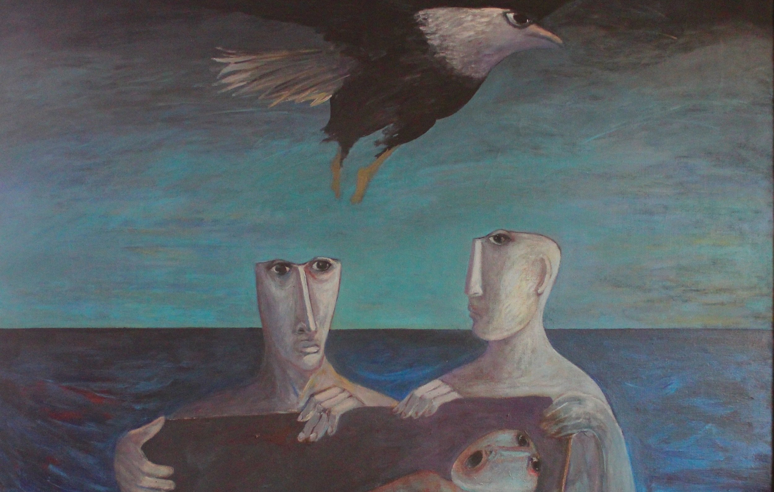 L'image représente une scène mystérieuse avec deux figures humaines aux visages stylisés, qui semblent naviguer dans une mer bleue. Ils tiennent un objet, probablement une plate-forme ou une barque, sur laquelle repose une tortue. Au-dessus d'eux, un oiseau vole, ajoutant une sensation de mouvement et de liberté à la composition. Le fond présente un ciel dégradé, allant d'un bleu foncé à des teintes plus claires, créant une atmosphère à la fois mélancolique et contemplative. Les éléments de l'œuvre semblent symboliser des thèmes de connexion avec la nature et peut-être une introspection sur l'existence.