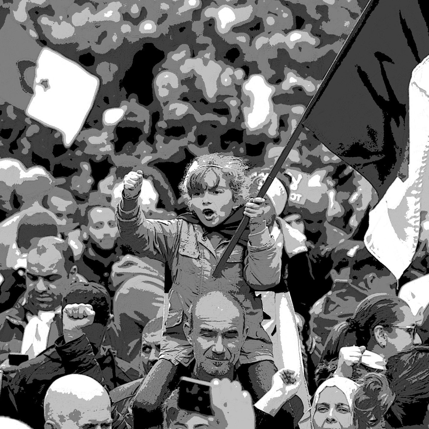 L'image montre une foule rassemblée lors d'une manifestation. Au premier plan, une petite fille se tient sur les épaules d'un adulte, brandissant un drapeau. Elle semble enthousiaste et déterminée, levant le poing. La foule autour d'elle est dense, avec des visages variés et des drapeaux visibles en arrière-plan. L'atmosphère est dynamique et engagée, évoquant un sentiment collectif et de solidarité.