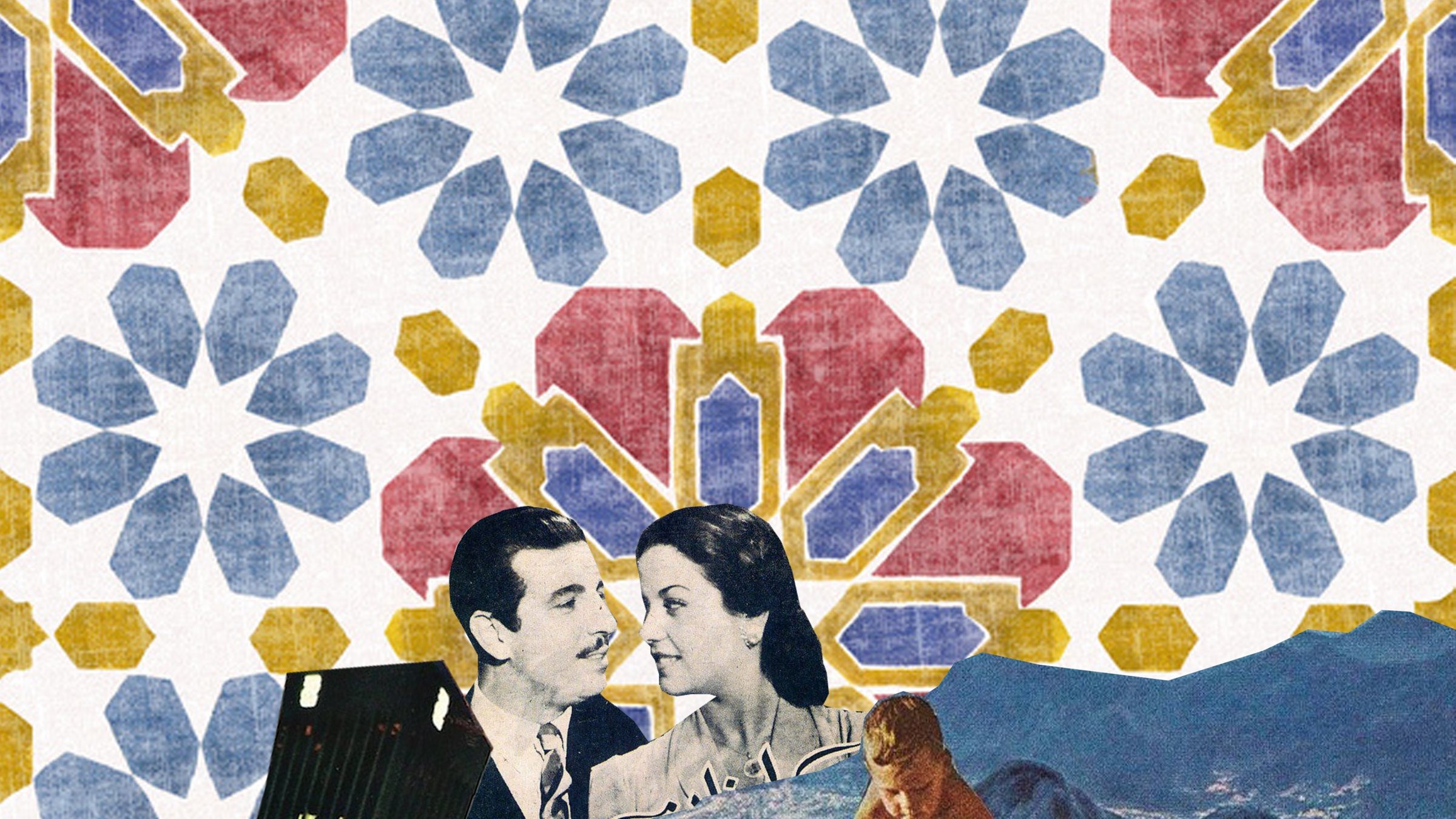 L'image présente un collage artistique riche en couleurs et en éléments visuels. Au centre, on peut voir un couple dans une pose romantique, entouré de motifs géométriques inspirés de l'art islamique dans des teintes de bleu, rouge et jaune. En bas, il y a des éléments de paysages et des voitures vintage, donnant une atmosphère nostalgique. À l'arrière-plan, on aperçoit une vue de ville, probablement une scène côtière, ajoutant une dimension dynamique à l'ensemble. Les différents éléments de l'image se combinent pour créer une composition harmonieuse et visuellement captivante.