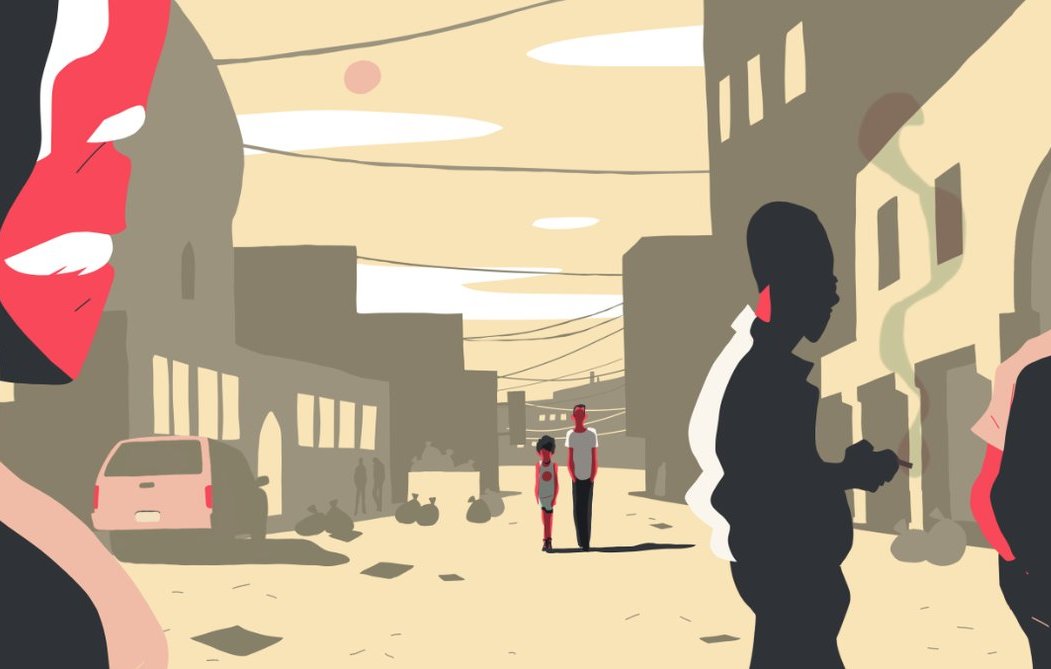 L'image présente une scène de rue stylisée, avec des silhouettes humaines et des bâtiments en arrière-plan. À gauche, une figure se distingue par des traits marquants et des couleurs vives. Au centre, deux personnes marchent ensemble, tandis que d'autres silhouettes se déplacent sur les côtés. L'ambiance est teintée de chaleur, avec un ciel jaune et des éléments de paysage urbain, comme des voitures et des lignes électriques. L'ensemble dégage une atmosphère à la fois animée et paisible.