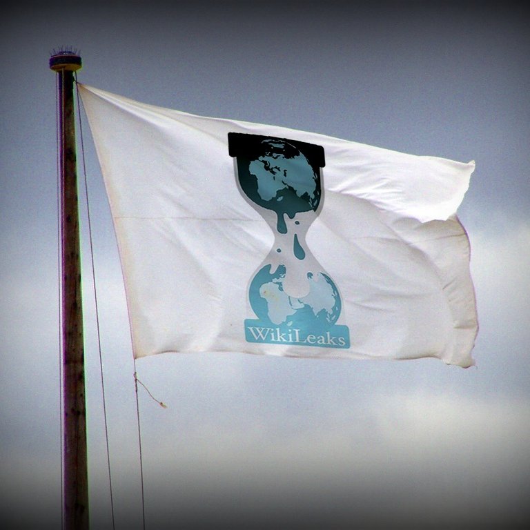 L'image montre un drapeau blanc flottant en l'air, sur lequel est représenté le logo de WikiLeaks. Ce logo se compose d'une silhouette d'une horloge de sable, avec des gouttes tombant d'elle, et une carte du monde en arrière-plan. Le fond apparaît nuageux, ce qui ajoute une ambiance dramatique à l'image.