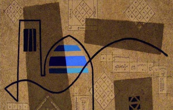 Cette image présente une composition abstraite, avec des formes géométriques et des lignes noires qui traversent un fond de teintes brunes. On y trouve des éléments en bleu, ainsi que des motifs qui semblent être des inscriptions ou des symboles, ajoutant une dimension mystique. Les différentes figures géométriques créent un jeu intéressant entre les ombres et les lumières, produisant une atmosphère à la fois moderne et énigmatique.