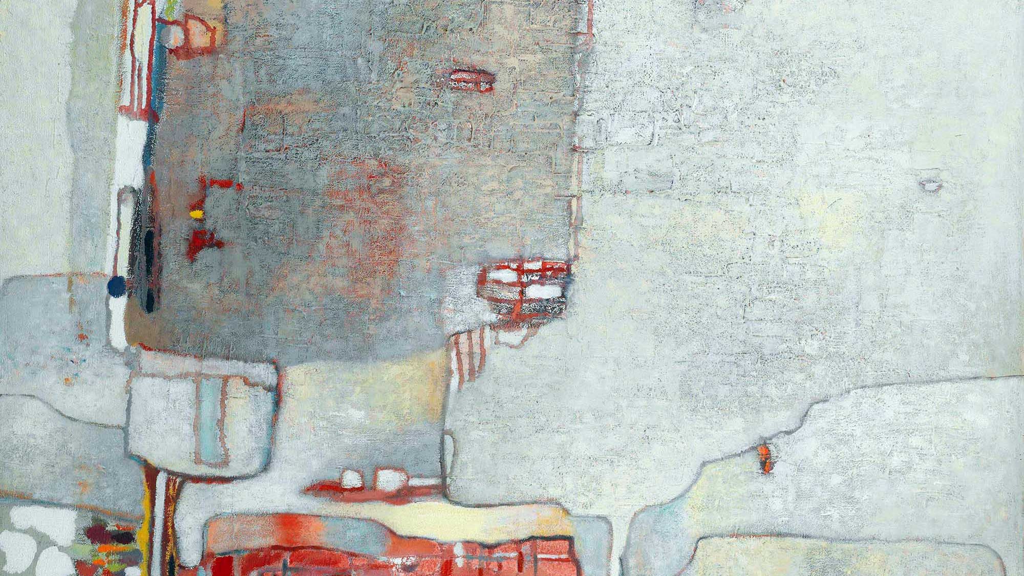 L'image représente une œuvre abstraite avec des tons de gris, de blanc et des touches de couleur comme le rouge et le jaune. Les formes sont géométriques et semblent entrelacées, créant un contraste entre les différentes zones. La texture apparaît riche, avec des coups de pinceau visibles et une variété de motifs qui attirent l'œil. L'ensemble dégage une sensation à la fois de calme et de complexité visuelle.