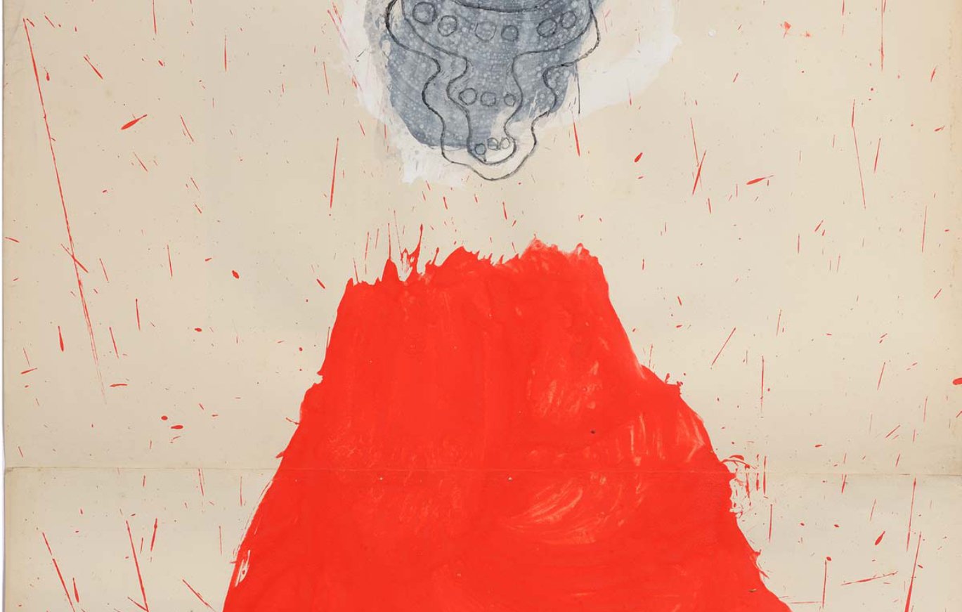 Une montagne rouge émerge avec une forme grisâtre flottant au-dessus.