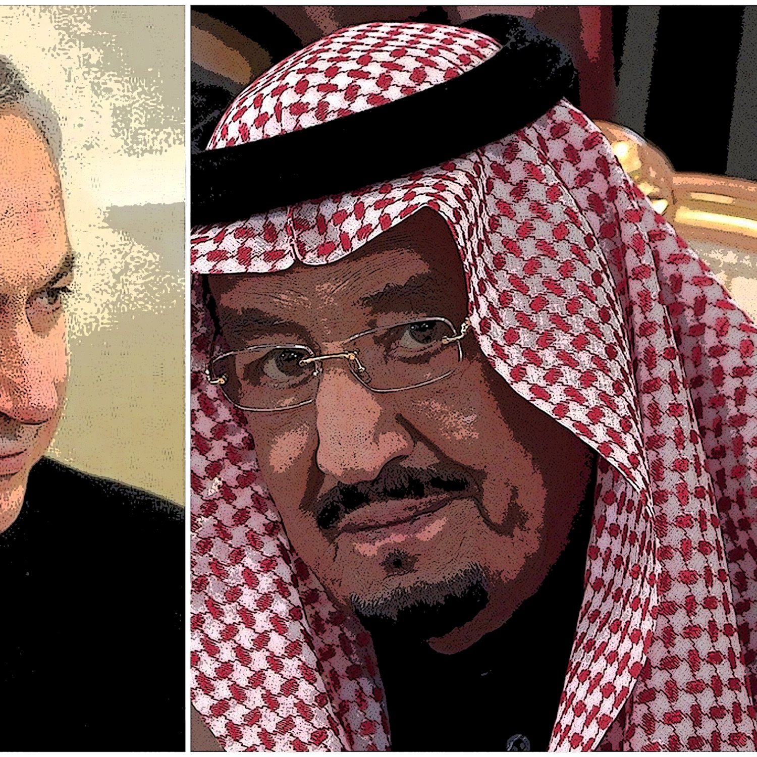 تظهر الصورة شخصين على الجانبين. على اليسار، يظهر شخص يرتدي بدلة رسمية ويبدو أنه يتمتع بتعبير وجه ودّي. على اليمين، يظهر شخص يرتدي لباساً تقليدياً سعوديّاً مع غطاء رأس (شماغ). كلا الشخصين يجلسان في مكان يبدو رسمياً. تبرز مناقشات أو تفاعلات محتملة، لكن لا يمكن تحديد السياق أو التفاصيل أكثر من ذلك.