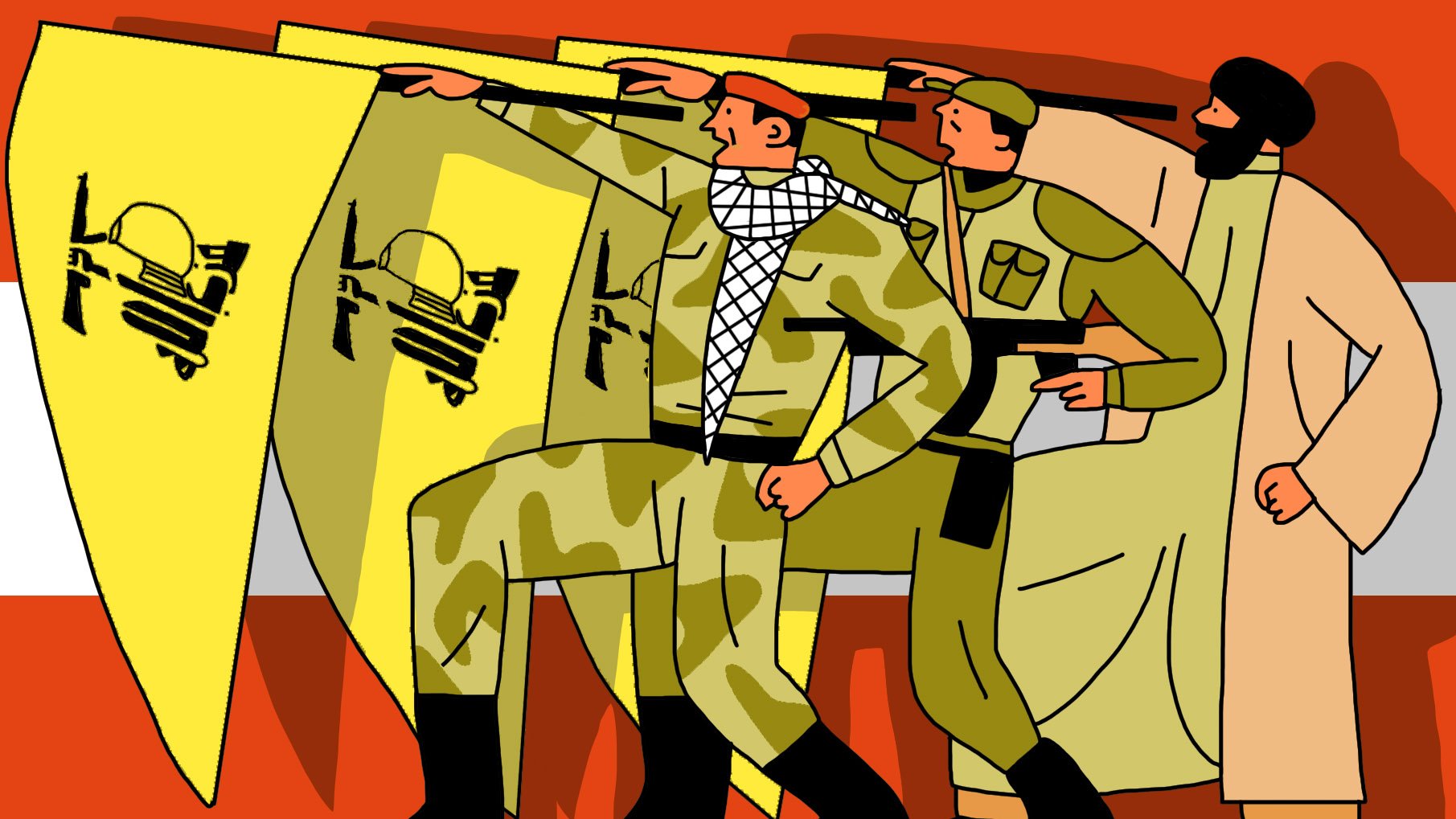 L'image présente trois figures masculines marchant côte à côte, brandissant des drapeaux jaunes avec un symbole militaire. Le premier personnage porte un keffieh et un uniforme camouflé, tandis que les autres sont vêtus d'uniformes et de vêtements traditionnels. L'arrière-plan est en rouge, ajoutant un contraste fort avec les drapeaux. Cette composition pourrait évoquer des thèmes de militantisme ou de solidarité.