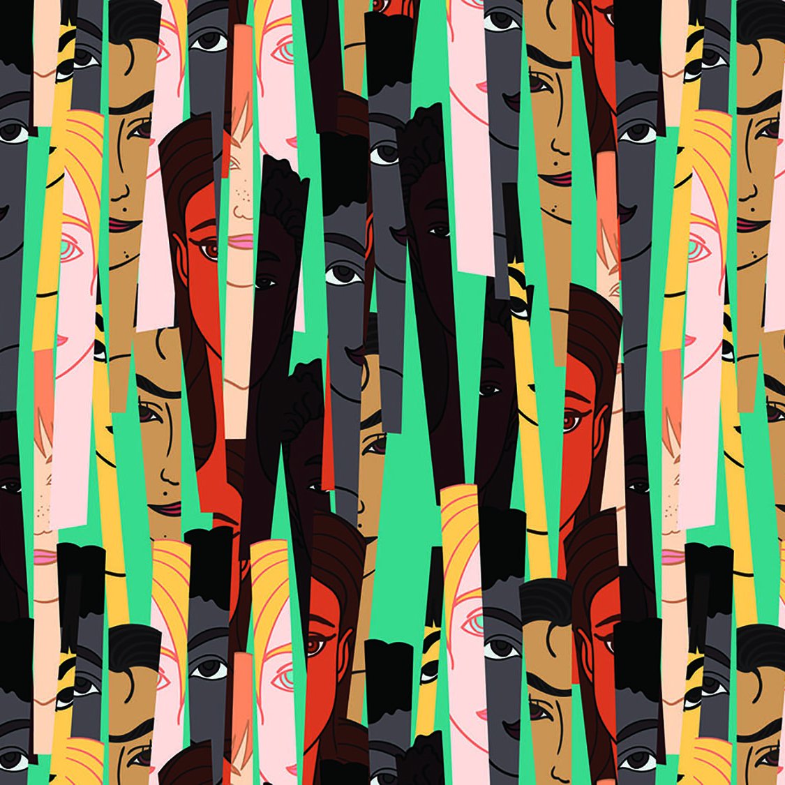 L'image présente un motif vibrant et coloré, composé de visages stylisés et abstraits. Les têtes de différentes couleurs et expressions sont disposées de manière répétitive, créant une texture visuelle intéressante. Les teintes variées, allant des rouges aux jaunes et verts, apportent une dynamique à l'ensemble, tandis que les traits des visages rendent cette composition à la fois captivante et artistique. Les éléments graphiques donnent une impression de mouvement et d'énergie.