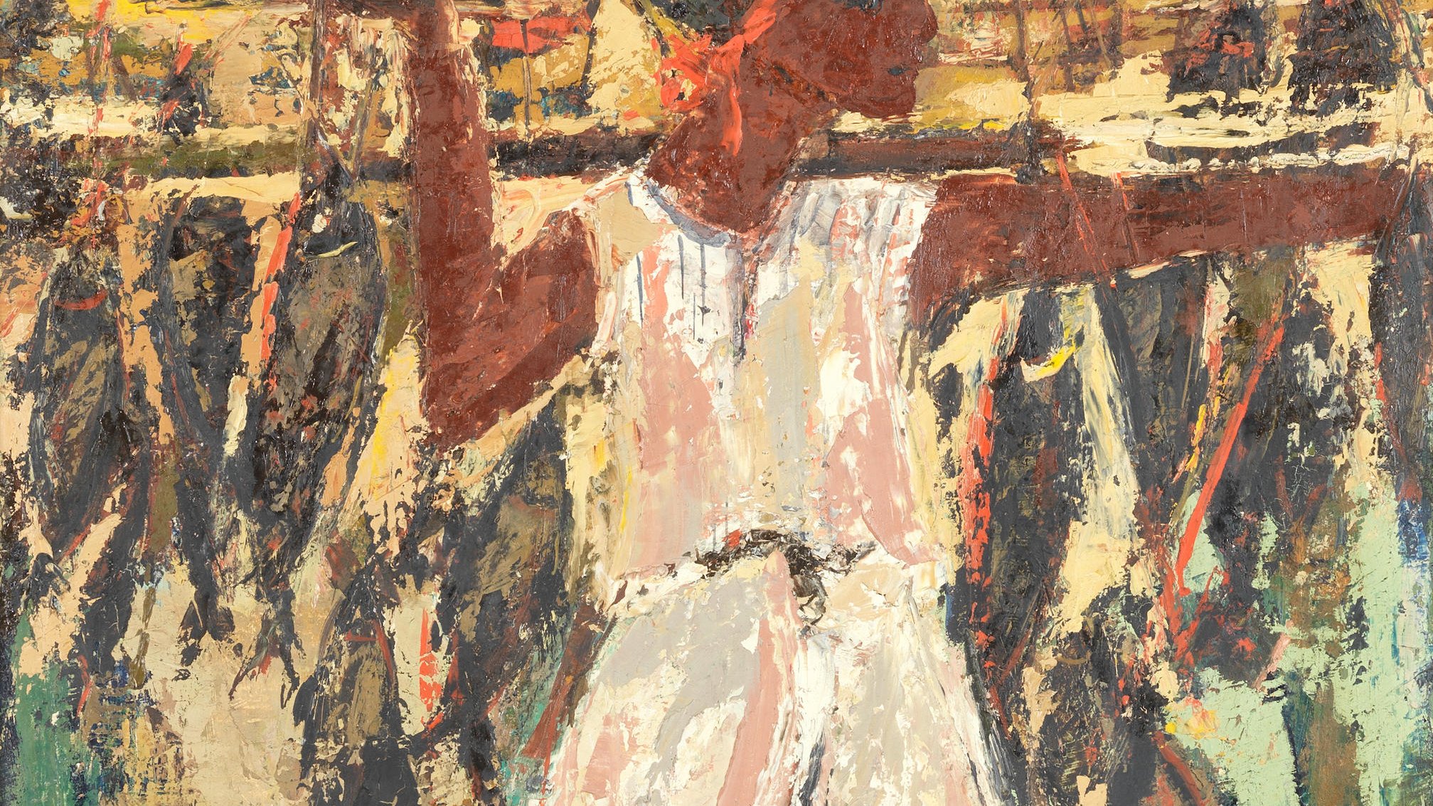 L'image représente une scène vibrante et expressive avec une figure humaine au premier plan. La personne semble être en train de tenir une canne ou un outil, peut-être en relation avec la pêche ou la récolte. L'arrière-plan est rempli de poissons suspendus, suggérant une activité de pêche ou un marché de produits de la mer. Les couleurs sont riches et contrastées, avec des touches de rouge, de bleu et de beige, créant une atmosphère dynamique et vivante. La composition évoque une connexion à la nature et un hommage à l'activité quotidienne.