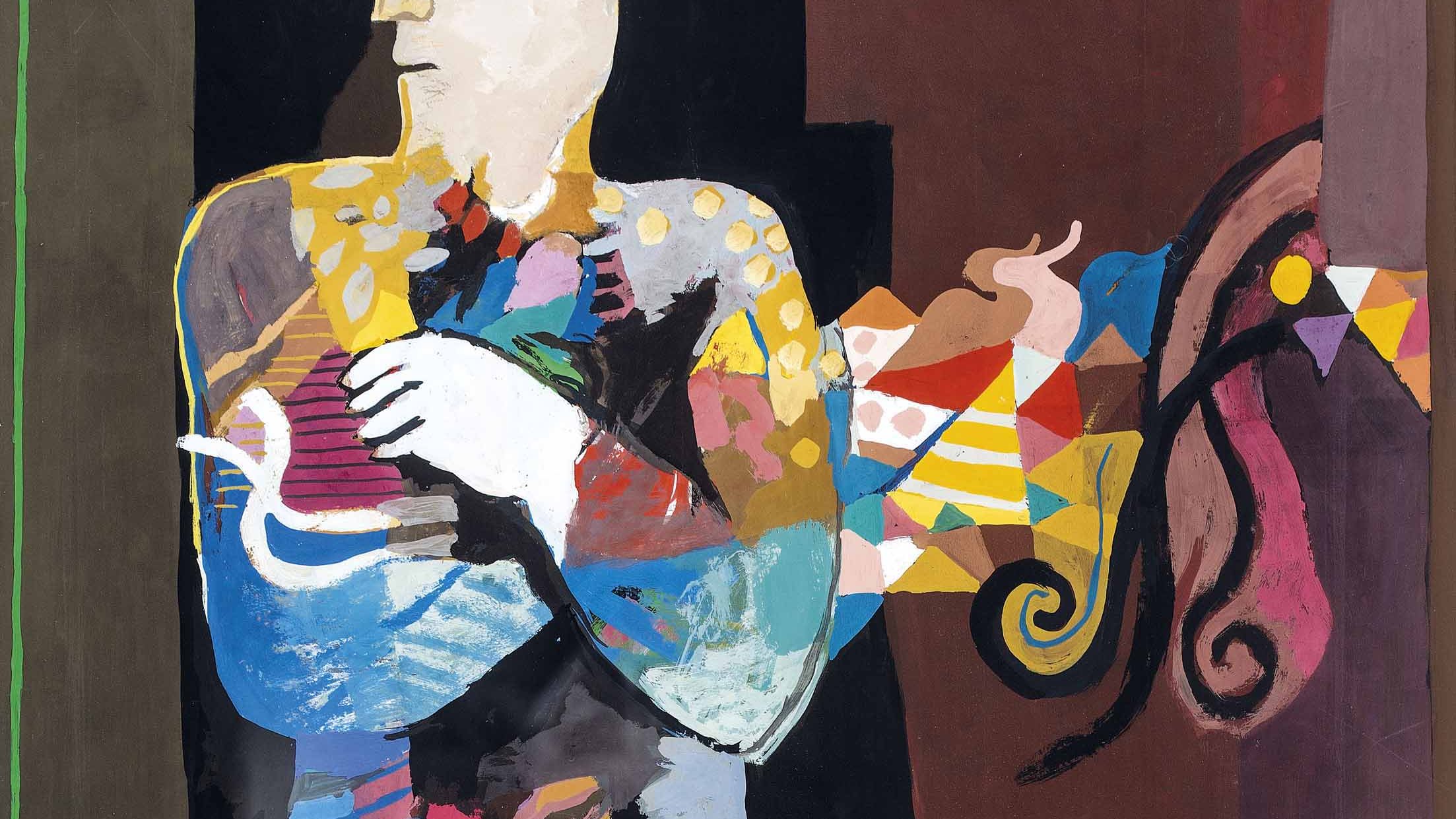 Cette image représente une figure humaine stylisée, peinte avec des couleurs vives et des motifs abstraits. La silhouette centrale est d'une teinte pâle, mettant en avant des éléments colorés dans les bras et le corps, suggérant un mouvement ou un geste. À l'arrière-plan, des formes géométriques et des couleurs contrastées ajoutent de la dynamisme à la composition. L'ensemble créent une atmosphère à la fois expressive et mystérieuse.