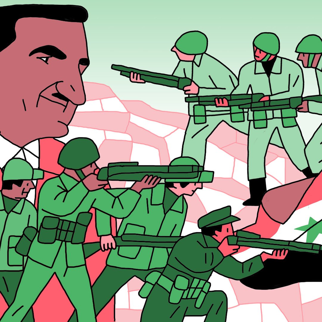 L'image représente une scène illustrée avec un homme en costume rouge, qui semble être un dirigeant, entouré de soldats en uniformes verts. Ces derniers portent des fusils et adoptent des poses militaires, évoquant un contexte de conflit ou de défense. En arrière-plan, le drapeau de la Syrie est visible, ce qui indique une thématique liée à la Syrie. L'ensemble est dessiné dans un style graphique avec des couleurs vives.