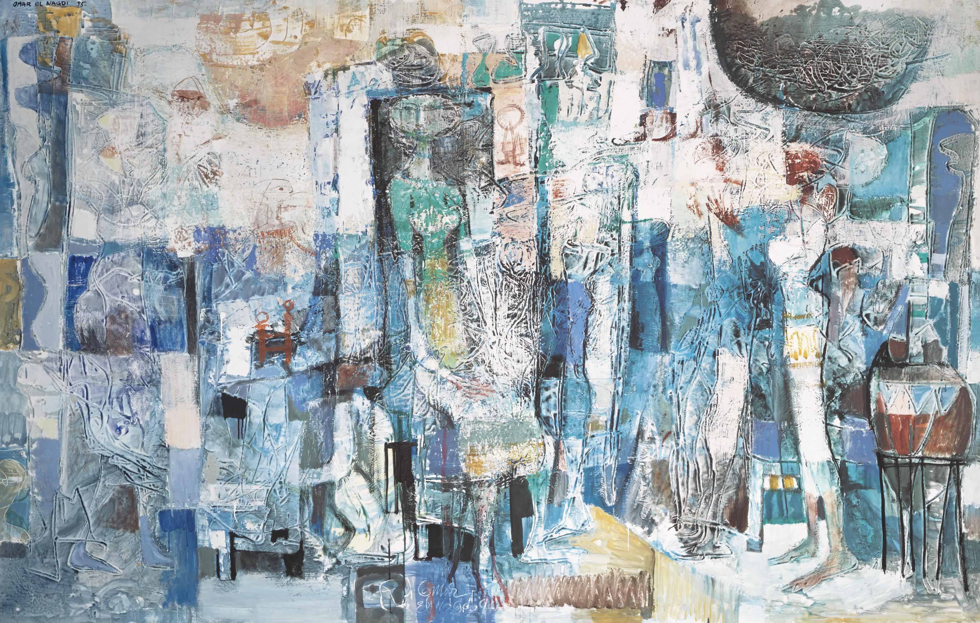 L'image représente une œuvre d'art abstraite, dominée par des teintes bleues et blanches. On y voit une multitude de formes et de textures, créant une atmosphère dynamique et fluide. Les éléments semblent se mélanger, avec des touches de couleur qui font allusion à des silhouettes ou des figures. L'ensemble donne une impression de profondeur et de mouvement, évoquant peut-être des thèmes de vie urbaine ou de nature. Les détails semblent à la fois parfois définis et d'autres fois plus flous, ce qui invite à l'interprétation personnelle.