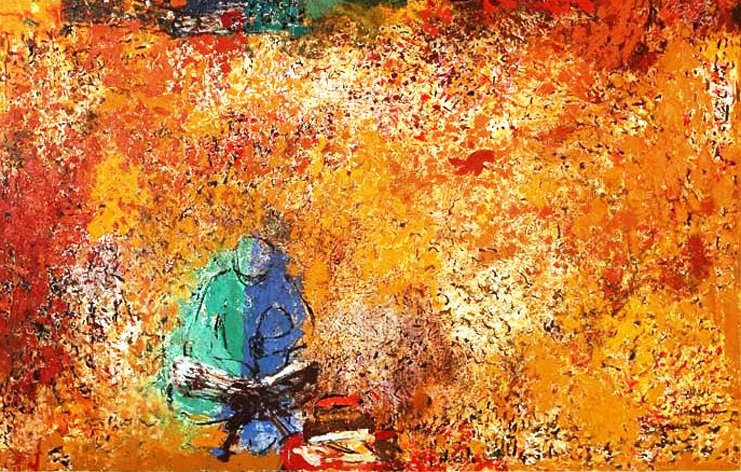 L'image présente une composition abstraite riche en couleurs vives. On y distingue des formes et des silhouettes en arrière-plan, ainsi que des textures dynamiques qui donnent une impression de mouvement. Les teintes chaudes de l'orange et du rouge dominent le tableau, tandis que des touches de bleu, de vert et d'autres couleurs apportent un contraste saisissant. L'ensemble évoque une certaine énergie et une ambiance vibrante, où les formes semblent flotter dans un environnement onirique.