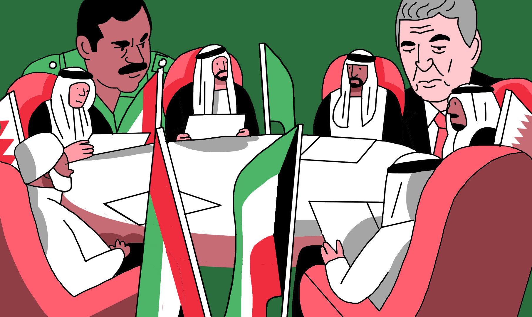 L'image représente une réunion entre plusieurs personnages assis autour d'une table ronde. Ils portent des vêtements traditionnels, comme des kandoras et des ghoutas, typiques des pays du Golfe. Sur la table, on peut voir des drapeaux de différents pays, ce qui suggère une rencontre diplomatique. L'ambiance semble sérieuse, et les participants semblent concentrés sur les discussions. Le fond est coloré en vert, ce qui met en avant les personnages présents.