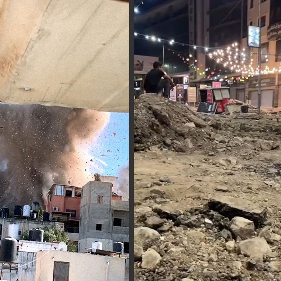 L'image est divisée en deux parties. À gauche, on voit une explosion, avec un nuage de fumée s'élevant d'un bâtiment dans une zone urbaine. Des débris sont projetés dans les airs, et des toits de maisons sont visibles en dessous. À droite, l'image montre un paysage urbain en chantier, avec un sol défoncé, des pierres et des gravats. Des lumières décoratives sont suspendues, et on aperçoit des personnes se déplaçant dans cet espace. Cela suggère un contraste entre la destruction et les efforts de rénovation ou de construction dans une ville.