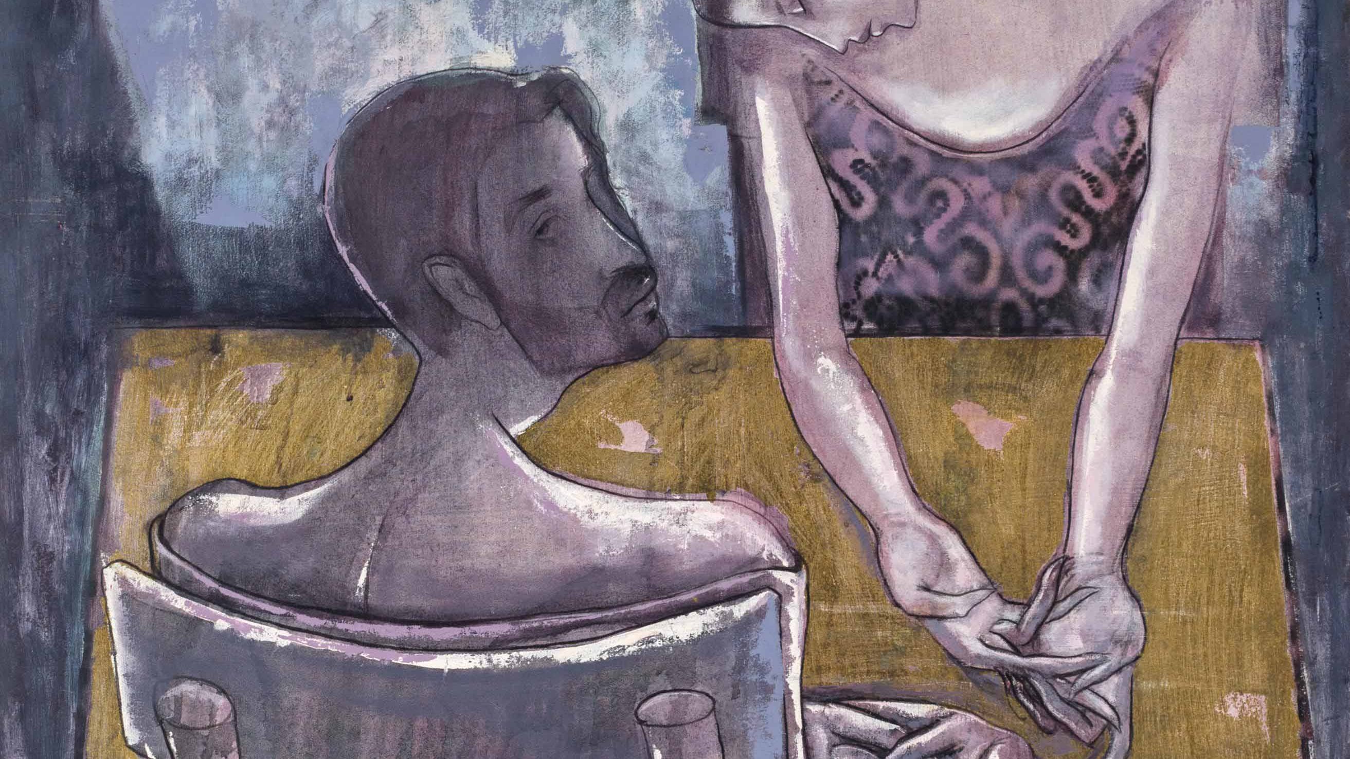 L'image présente une scène d'intérieur centrée sur deux figures humaines. Un homme est assis de dos sur une chaise, tandis qu'une femme se penche vers lui, visiblement engagée dans une interaction. L'ambiance est empreinte de couleurs sombres et de nuances de pâte, créant une atmosphère introspective. Les formes des personnages sont stylisées et expressives, mettant en avant leurs gestes et leurs postures. La table au centre, d'un jaune éclatant, contraste avec le reste des tons, attirant l'œil sur l'espace de rencontre entre les deux personnages.