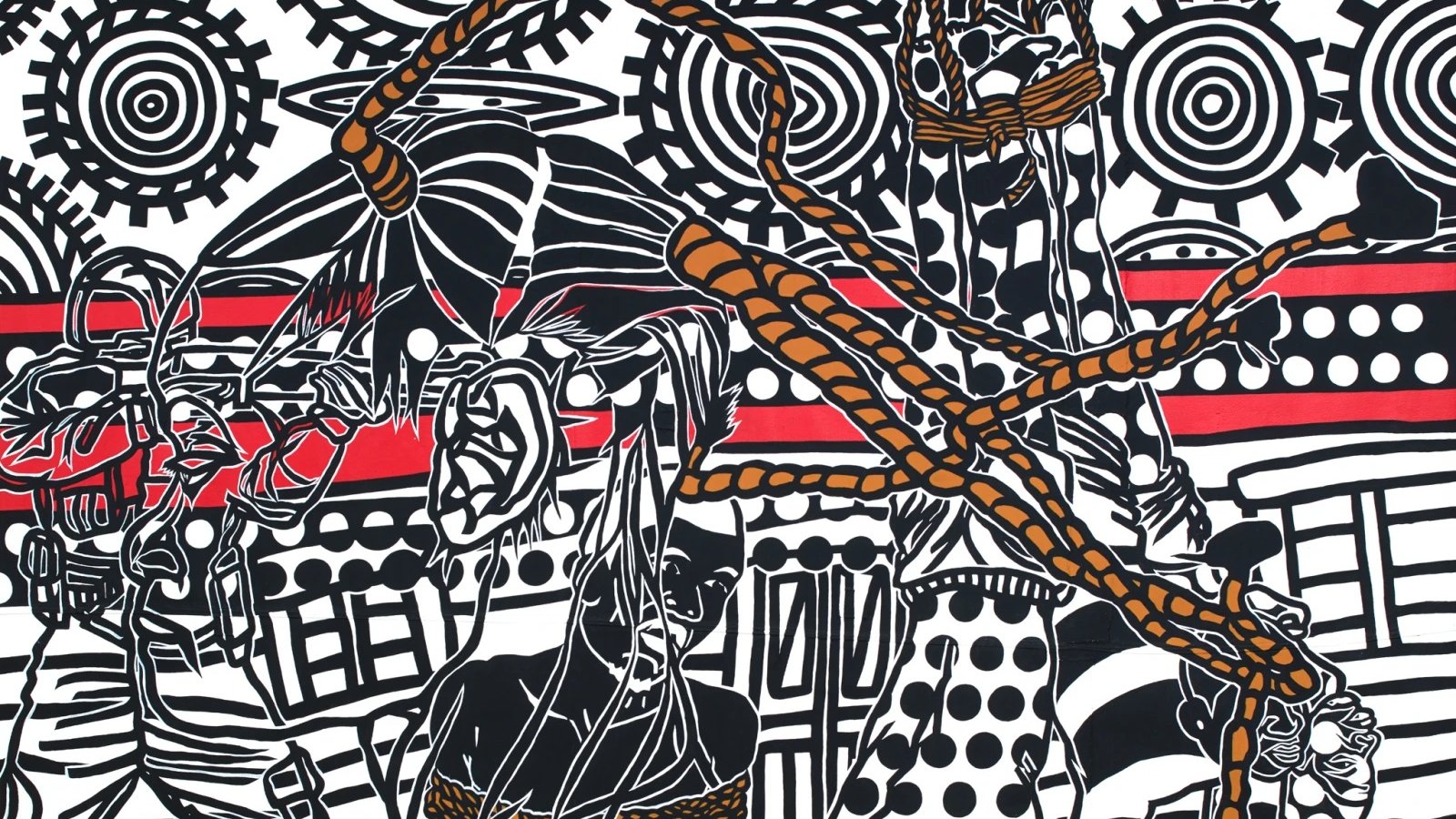 L'image présente une scène dynamique et complexe, mêlant des éléments abstraits et figuratifs. On peut observer des personnages en mouvement, avec des formes géométriques et des motifs en arrière-plan. Les personnages semblent interagir avec des cordes ou des tentacules, créant une sensation de tension. Les couleurs dominantes sont le noir, le blanc et des touches de rouge, ce qui renforce l'énergie visuelle de l'œuvre. L'ensemble dégage une atmosphère à la fois chaotique et organisée, invitant à une interprétation personnelle.