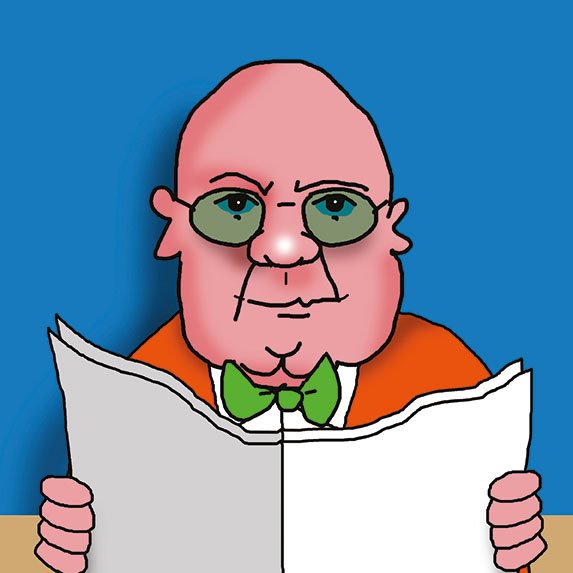 الصورة تظهر شخصية كرتونية لرجل بدين ذو رأس أصلع. يرتدي نظارات وبدلة برتقالية مع ربطة عنق خضراء. يبدو أنه يجلس على طاولة ويقرأ صحيفة كبيرة، مع تعبير جاد على وجهه. الخلفية باللون الأزرق. الرسمة تحمل طابعًا فكاهيًا ومبالغ فيه في الملامح.