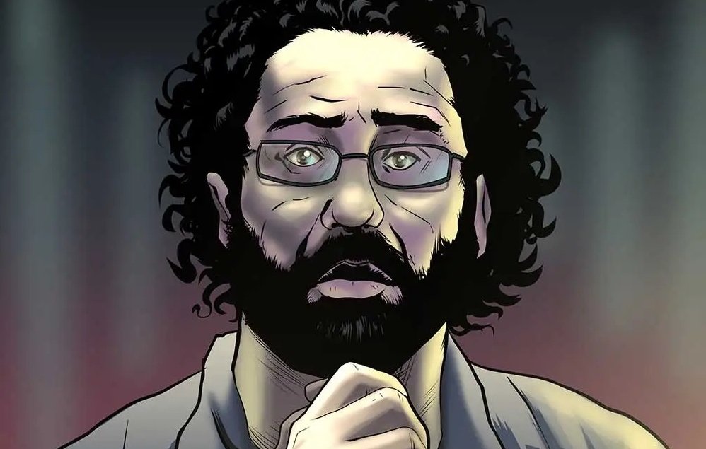 L'immagine rappresenta un uomo con capelli ricci e neri, una barba folta e occhiali. Il suo volto mostra un'espressione di preoccupazione o tensione, con le mani giunte davanti al petto in un gesto di supplica o meditazione. Lo sfondo è sfocato, con luci che creano un'atmosfera drammatica. L'illustrazione ha uno stile che ricorda quello dei fumetti.