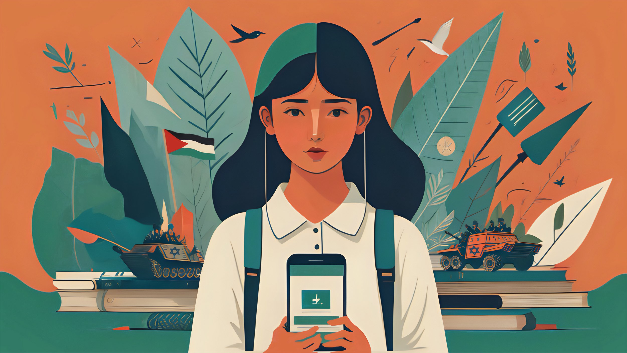 L'immagine rappresenta una giovane donna che tiene in mano uno smartphone, mentre dietro di lei si stagliano elementi naturali come foglie e piante, insieme a simboli di conflitto, come veicoli militari. L'atmosfera è caratterizzata da colori caldi e un contrasto tra la serenità della natura e la presenza inquietante di segnali di guerra. La giovane sembra interessata o concentrata sullo schermo del suo cellulare, suggerendo una connessione tra tecnologia e realtà sociale o politica.