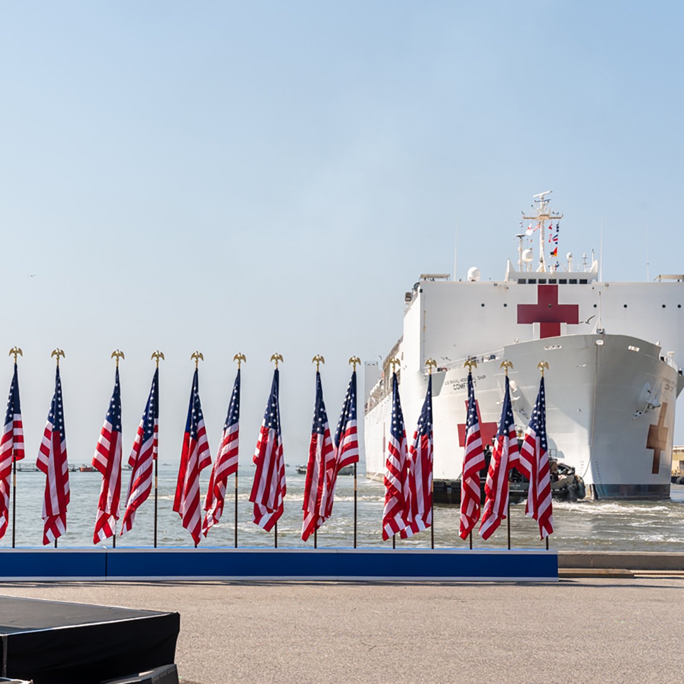 در این تصویر، دو مرد در حال ایستادن هستند که به یک کشتی بزرگ با علامت صلیب قرمز نگاه می‌کنند. کشتی در حال ورود به بندر است و در اطراف آن چندین پرچم ایالات متحده در صف ایستاده‌اند. آسمان آبی و واضح است و فضای عمومی شلوغ به نظر می‌رسد. مردان در نزدیکی یک صحنه یا سکو قرار دارند که احتمالاً برای یک رویداد یا مراسم خاص آماده شده است.