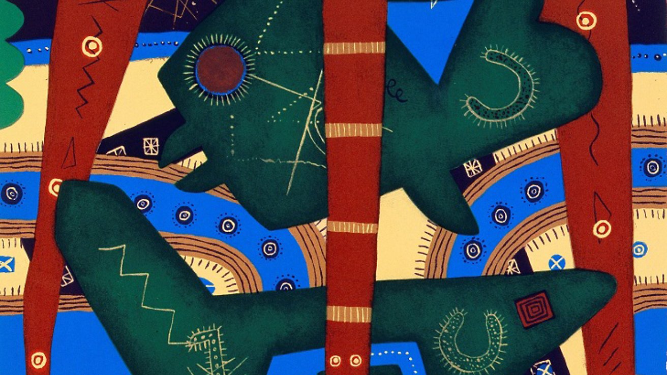 L'image représente une composition abstraite avec des formes organiques, notamment une grande silhouette verte ressemblant à un animal, entourée de motifs géométriques et de couleurs vives comme le bleu et le marron. Des lignes et des symboles graphiques ajoutent à la complexité de l'œuvre.