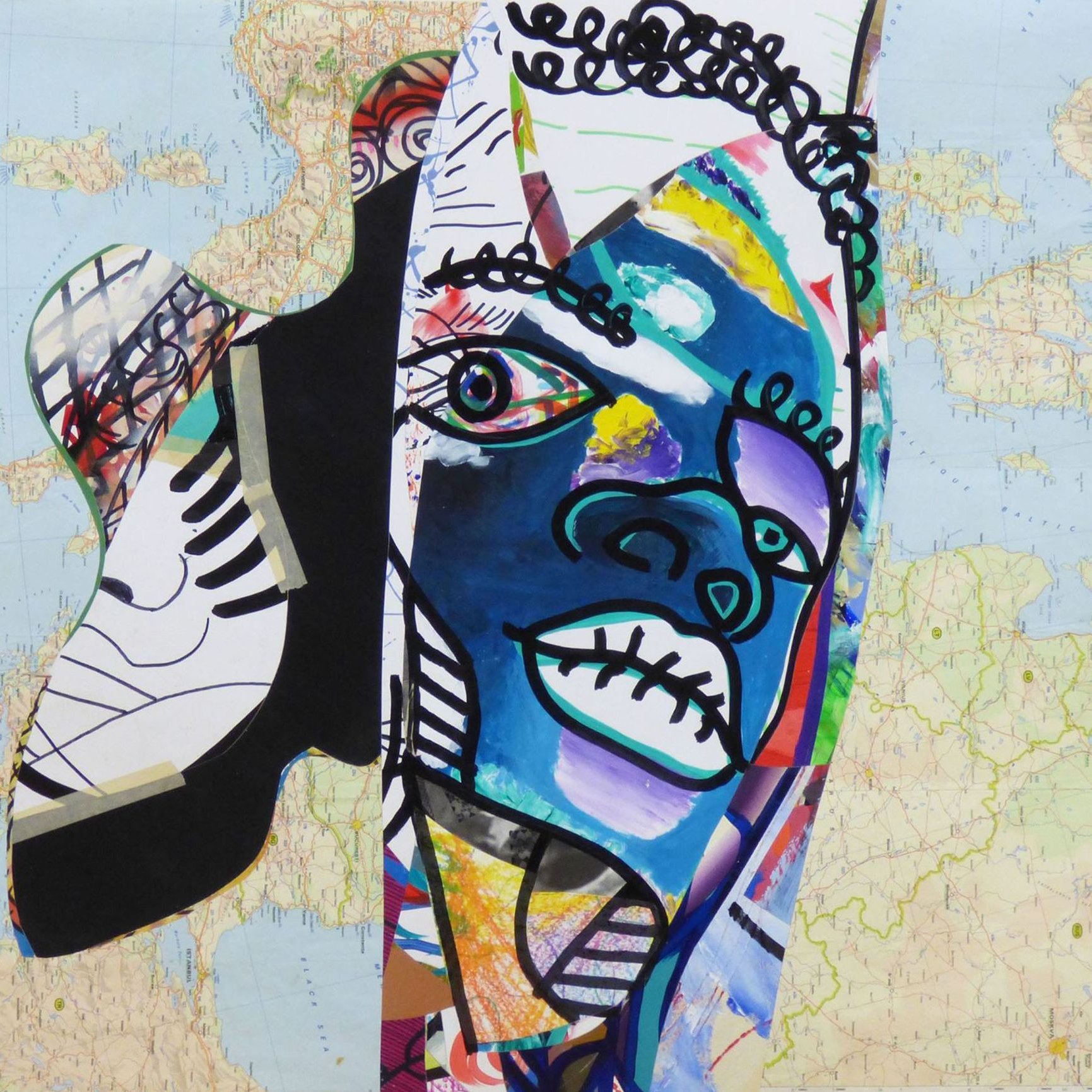 Cette image présente une œuvre d'art colorée et abstraite. Elle combine des formes humaines stylisées et des motifs graphiques, avec des couleurs vives comme le bleu, le rouge, le noir et le jaune. En arrière-plan, on peut voir une carte du monde, ce qui ajoute une dimension géographique à la composition. Les traits du visage dessiné semblent expressifs, avec des lignes fluides et des éléments graphiques qui renforcent le caractère artistique de l'œuvre. L'ensemble évoque un mélange de cultures et d'identités.