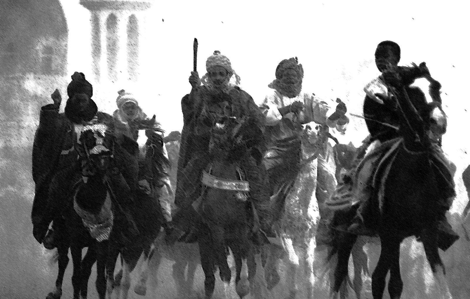 The image depicts a group of mounted figures riding through a misty or foggy environment. The riders, dressed in flowing garments and headgear, appear to be engaged in a dynamic movement, possibly representing a historical or ceremonial moment. The overall tone of the image is dark and dramatic, with a strong contrast between the figures and the background, enhancing the sense of action and intensity.