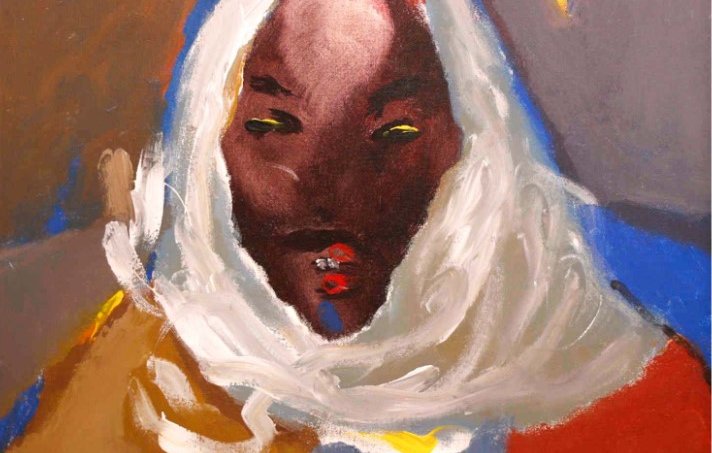 L'image représente un portrait stylisé d'une personne, avec des traits abstraits et puissants. Le visage est sombre, avec des yeux perçants, et est entouré d'un voile blanc. Les couleurs utilisées sont vives et contrastées, avec des touches de rouge et de bleu, créant une atmosphère vibrante et expressive. L'ensemble semble évoquer une forte émotion et une identité culturelle. La signature visible et la date indiquent que l'œuvre a été réalisée en 1997.