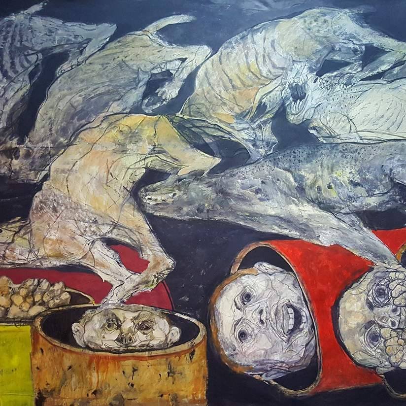 L'image représente une œuvre d'art abstraite et expressionniste, où l'on peut voir des silhouettes de chiens en mouvement, semblant courir de manière chaotique. Ils sont entourés de récipients, probablement des barils, contenant des éléments qui ressemblent à des têtes humaines et des ossements. La composition dégage une atmosphère sombre et troublante, avec des couleurs terreuses et des formes distordues, suggérant des thèmes de mort et de désespoir. Les éléments contrastent avec l'énergie du mouvement animal, créant une ambiance à la fois dynamique et dérangeante.