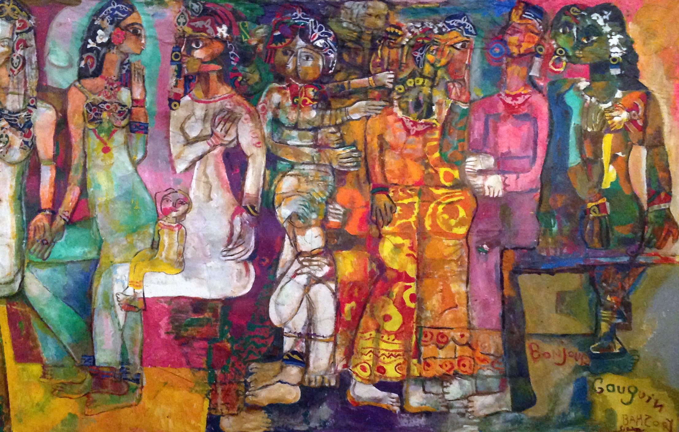 L'image présente une composition colorée et complexe, représentant plusieurs figures humaines semblant interagir les unes avec les autres. Les personnages sont stylisés, avec des traits exagérés et des couleurs vives. On peut distinguer des femmes vêtues de longues robes et ornées de bijoux, avec des motifs floraux et des éléments culturels. L'arrière-plan est également riche en couleurs et en textures, ajoutant une profondeur à la scène. L'ensemble donne une impression vibrante et dynamique, mettant en avant des éléments de la culture et de l'art.